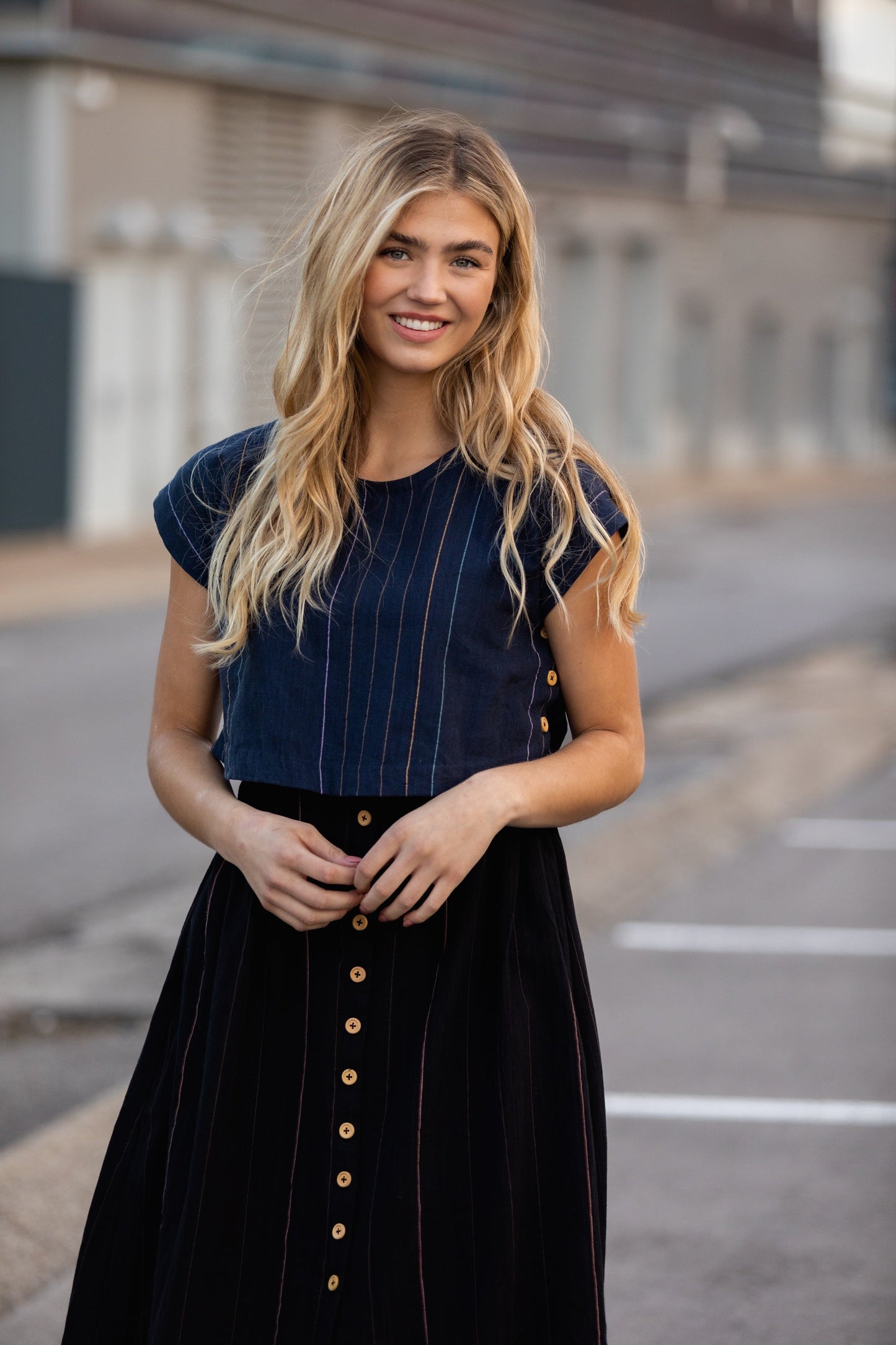 Katie Handwoven Cotton Set in Navy Pin Stripe Made to Order