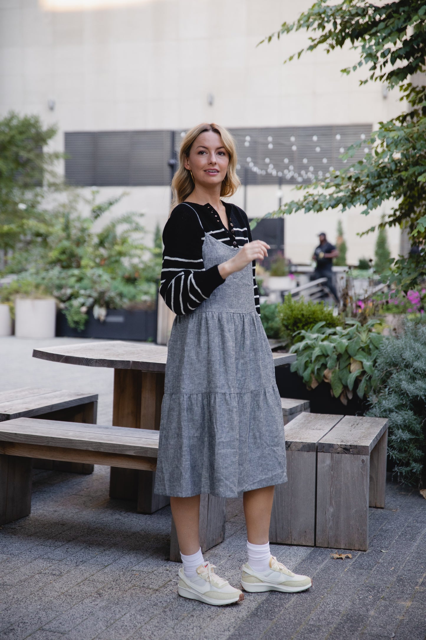 Lena Tiered Linen Dress in Chambray Denim Linen - XS, XL, and XXL Left