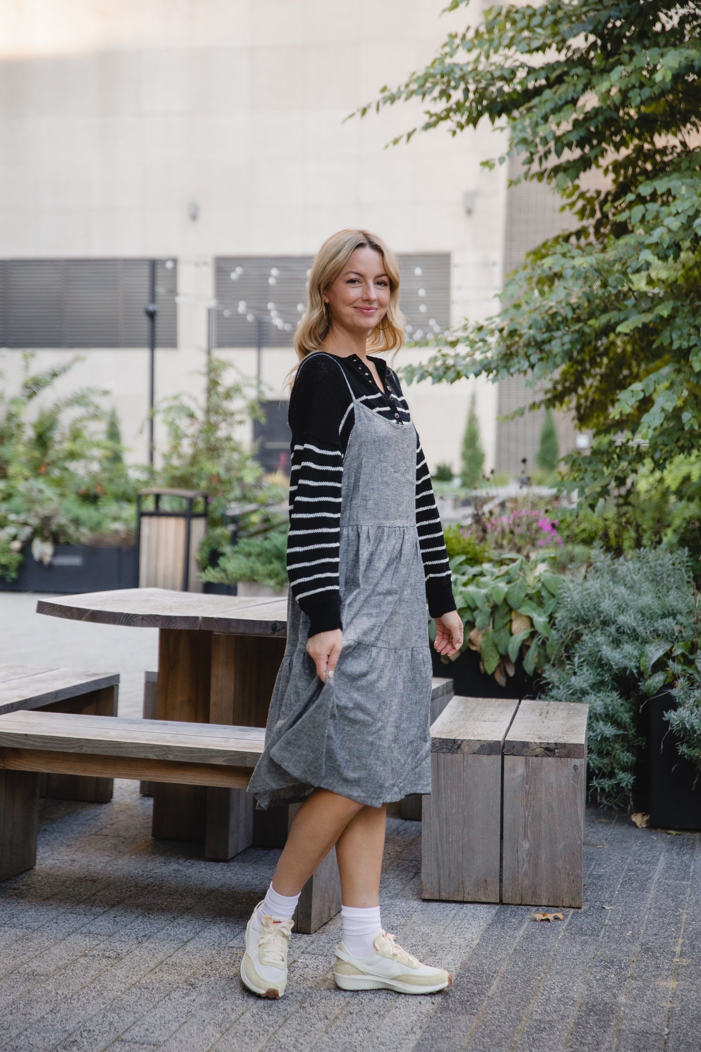 Lena Tiered Linen Dress in Chambray Denim Linen - XS, XL, and XXL Left