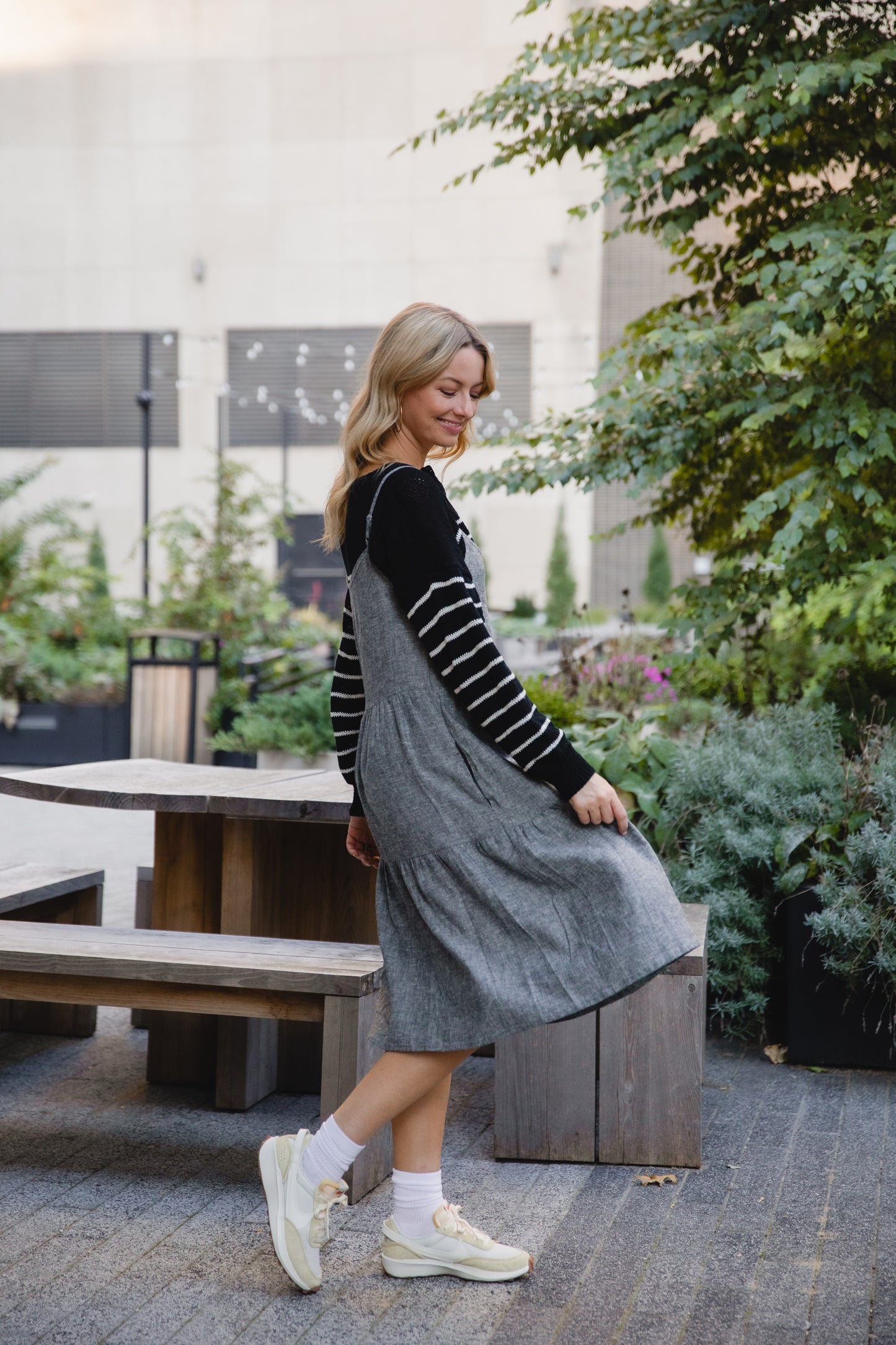 Lena Tiered Linen Dress in Chambray Denim Linen - XS, XL, and XXL Left