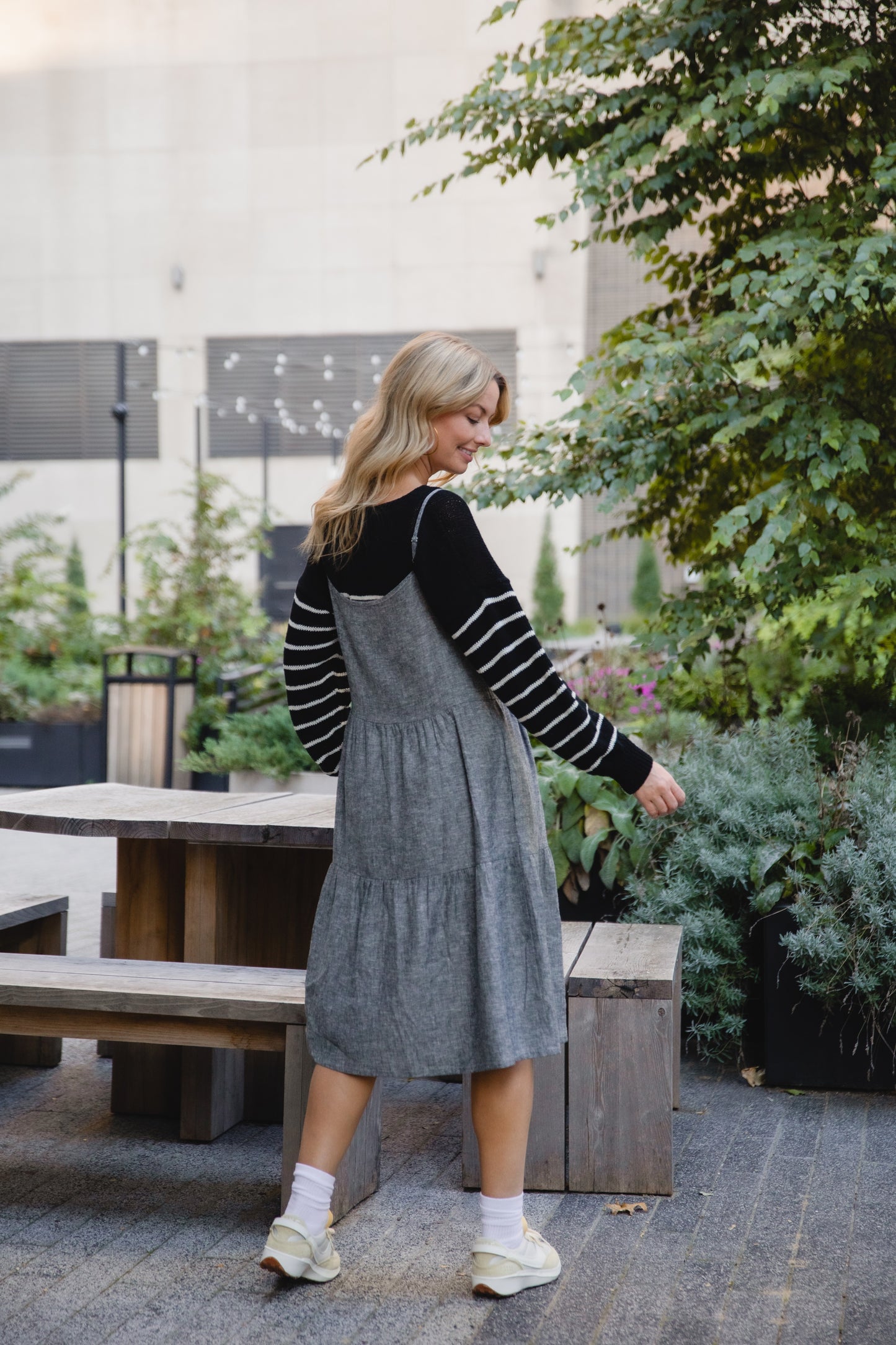 Lena Tiered Linen Dress in Chambray Denim Linen - XS, XL, and XXL Left