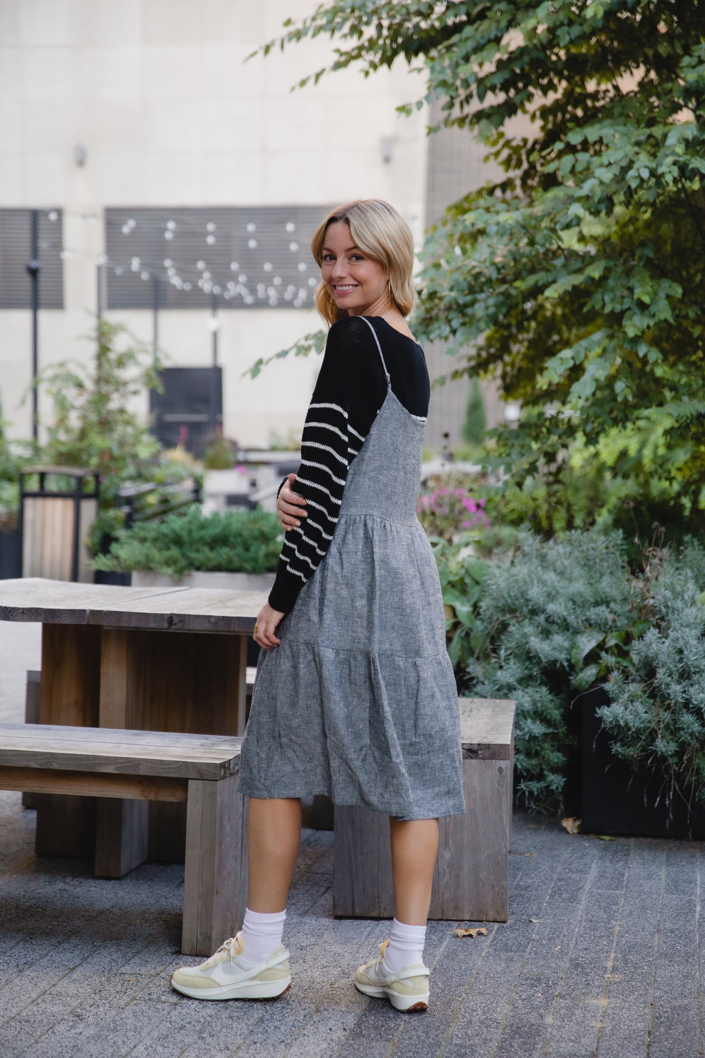 Lena Tiered Linen Dress in Chambray Denim Linen - XS, XL, and XXL Left