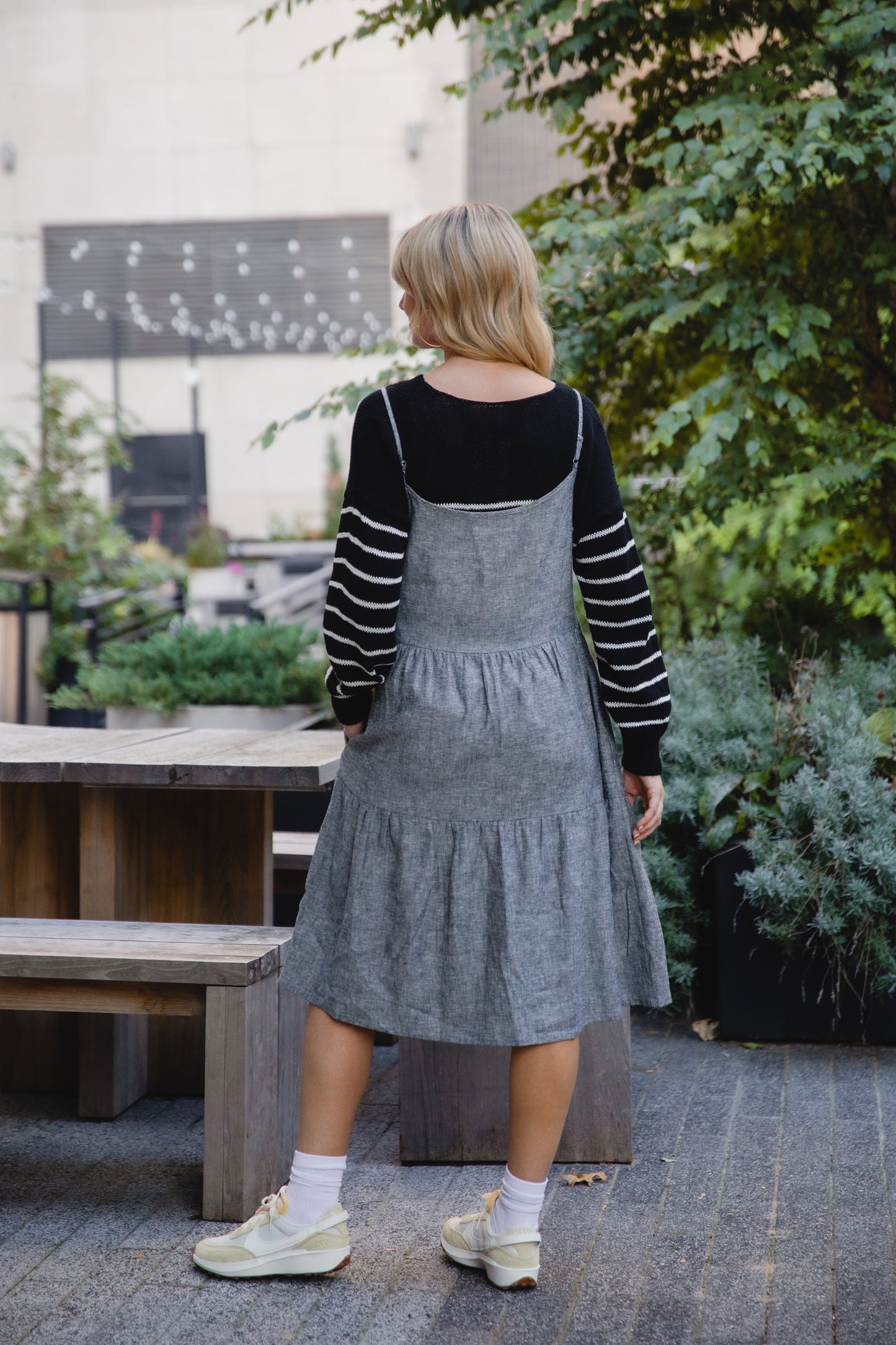 Lena Tiered Linen Dress in Chambray Denim Linen - XS, XL, and XXL Left