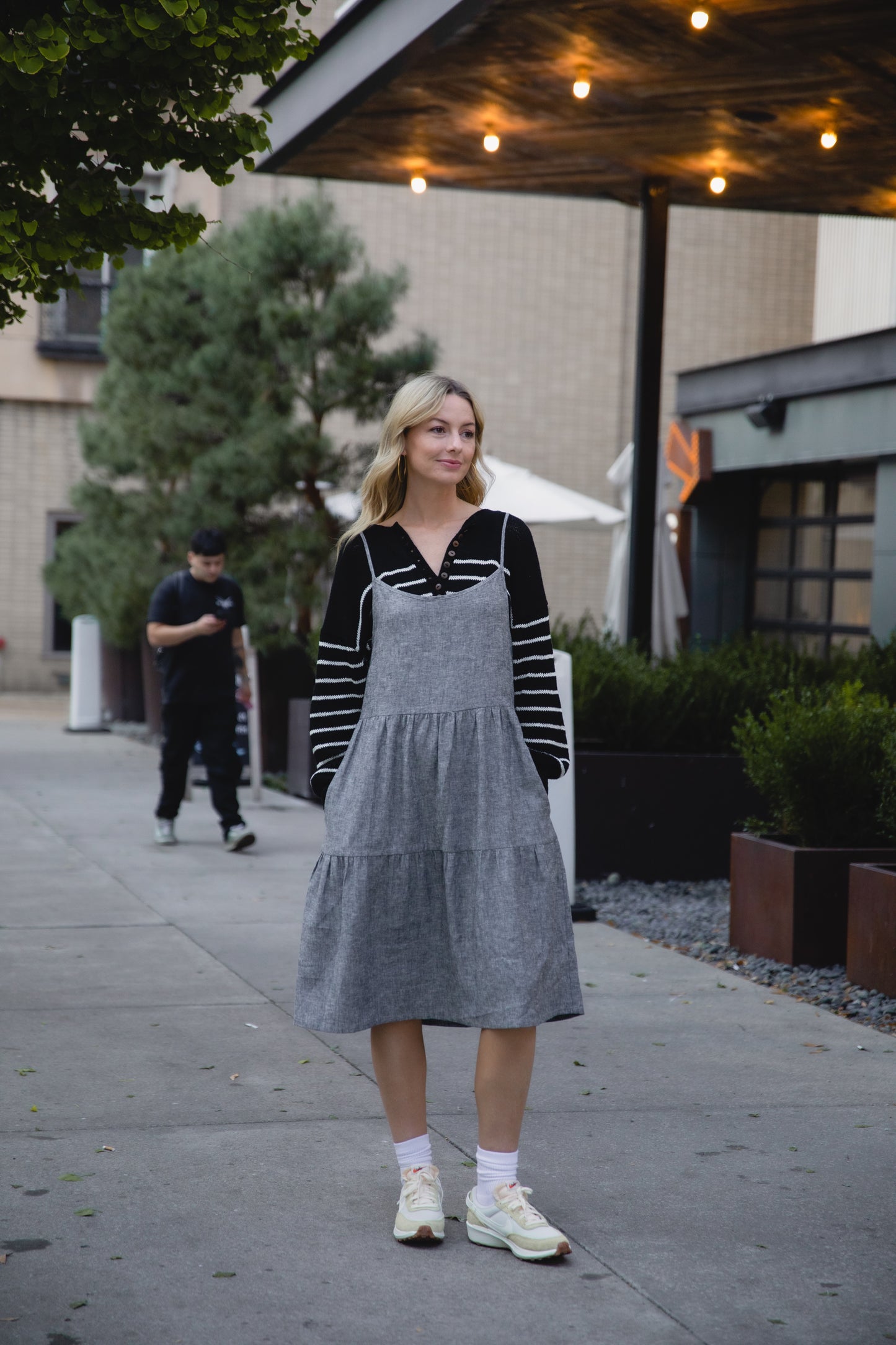 Lena Tiered Linen Dress in Chambray Denim Linen - XS, XL, and XXL Left