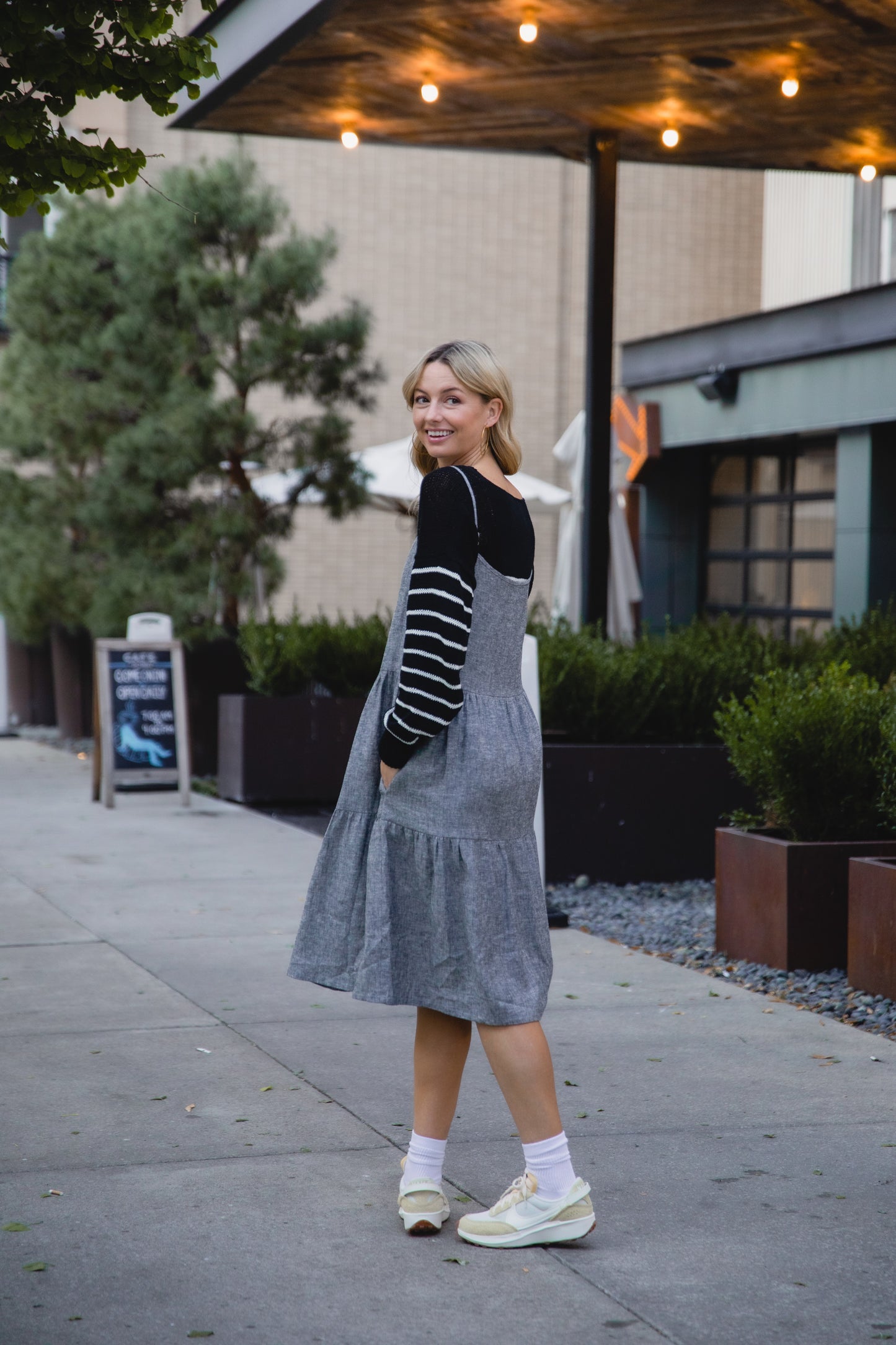 Lena Tiered Linen Dress in Chambray Denim Linen - XS, XL, and XXL Left