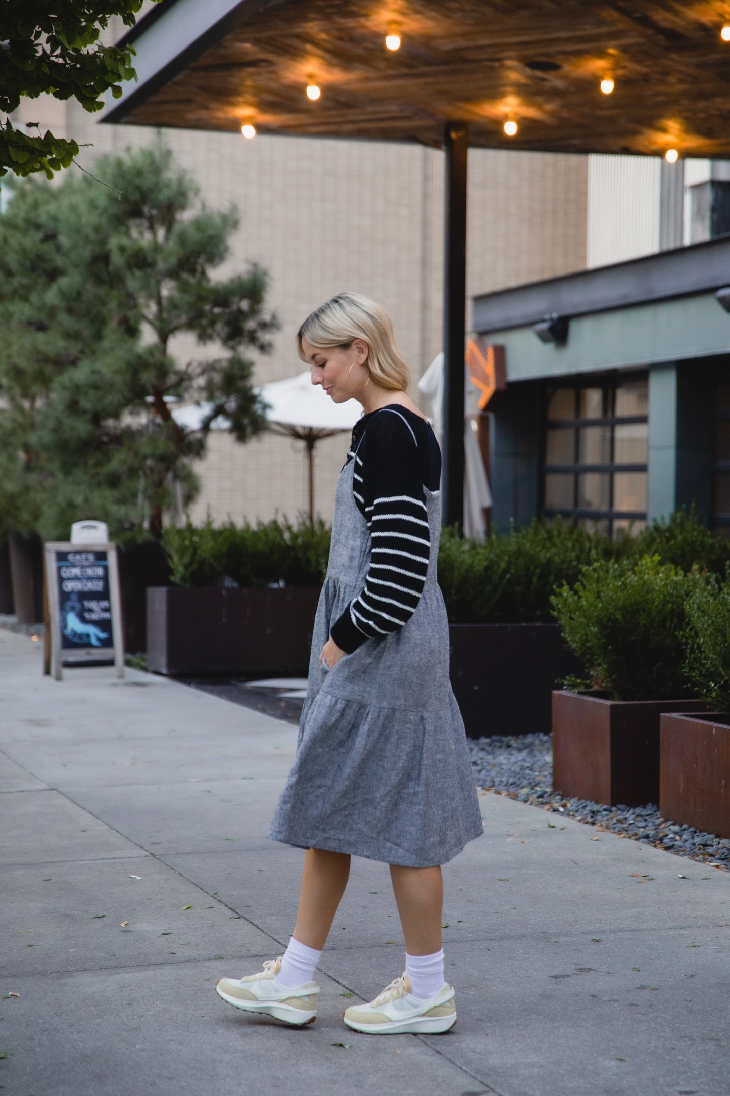 Lena Tiered Linen Dress in Chambray Denim Linen - XS, XL, and XXL Left