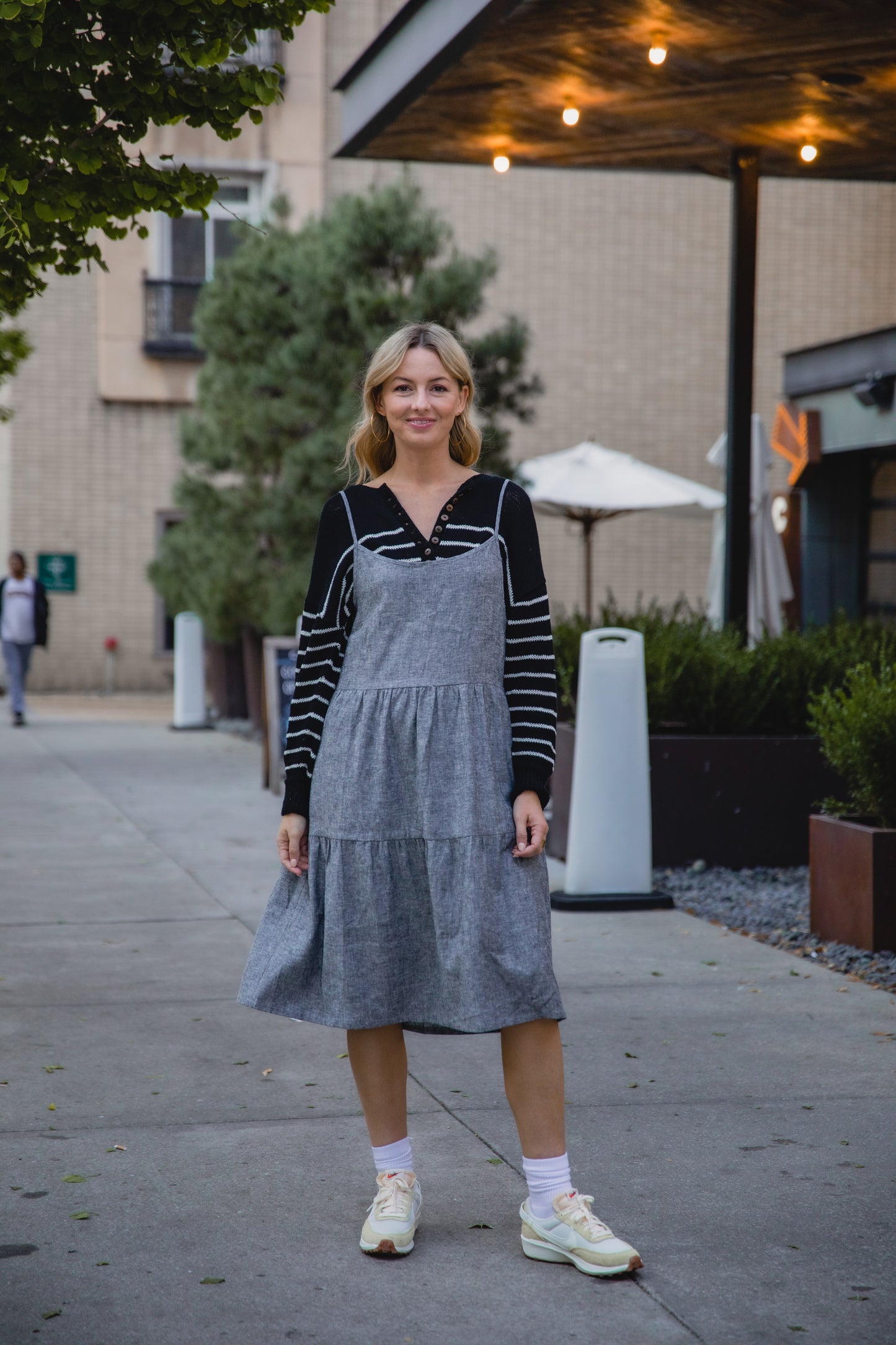 Lena Tiered Linen Dress in Chambray Denim Linen - XS, XL, and XXL Left
