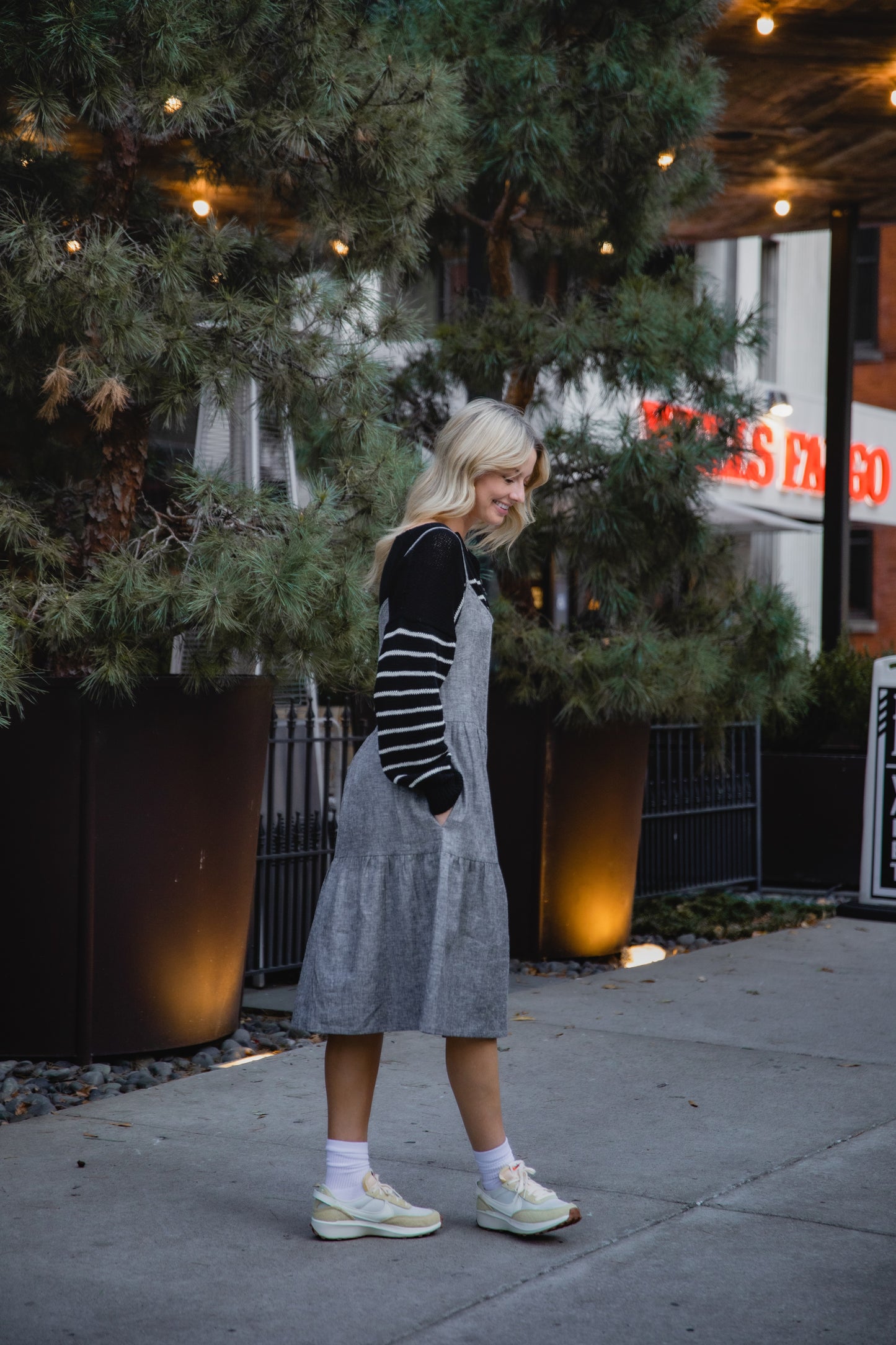 Lena Tiered Linen Dress in Chambray Denim Linen - XS, XL, and XXL Left