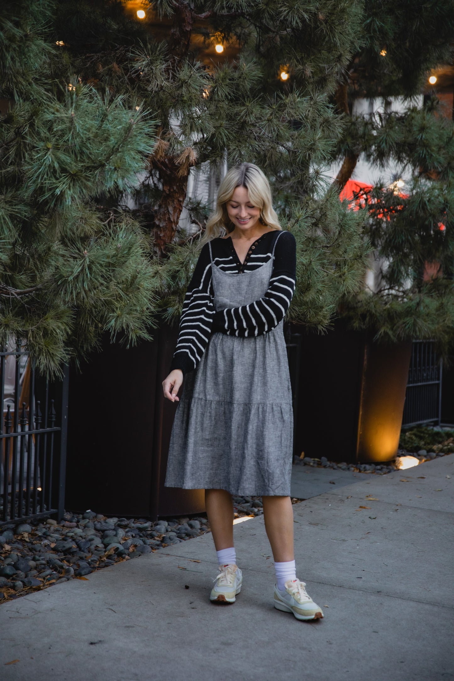 Lena Tiered Linen Dress in Chambray Denim Linen - XS, XL, and XXL Left