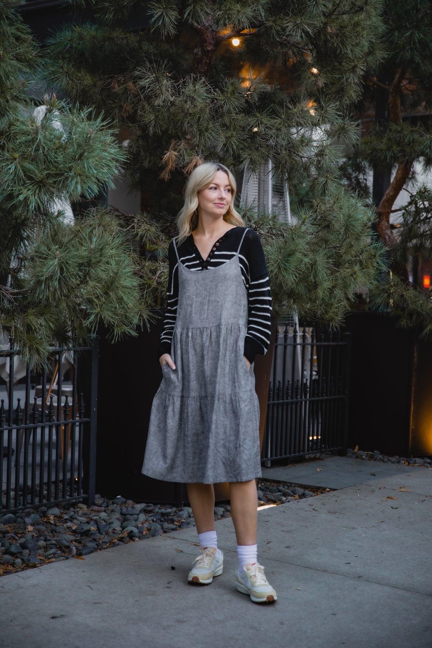 Lena Tiered Linen Dress in Chambray Denim Linen - XS, XL, and XXL Left