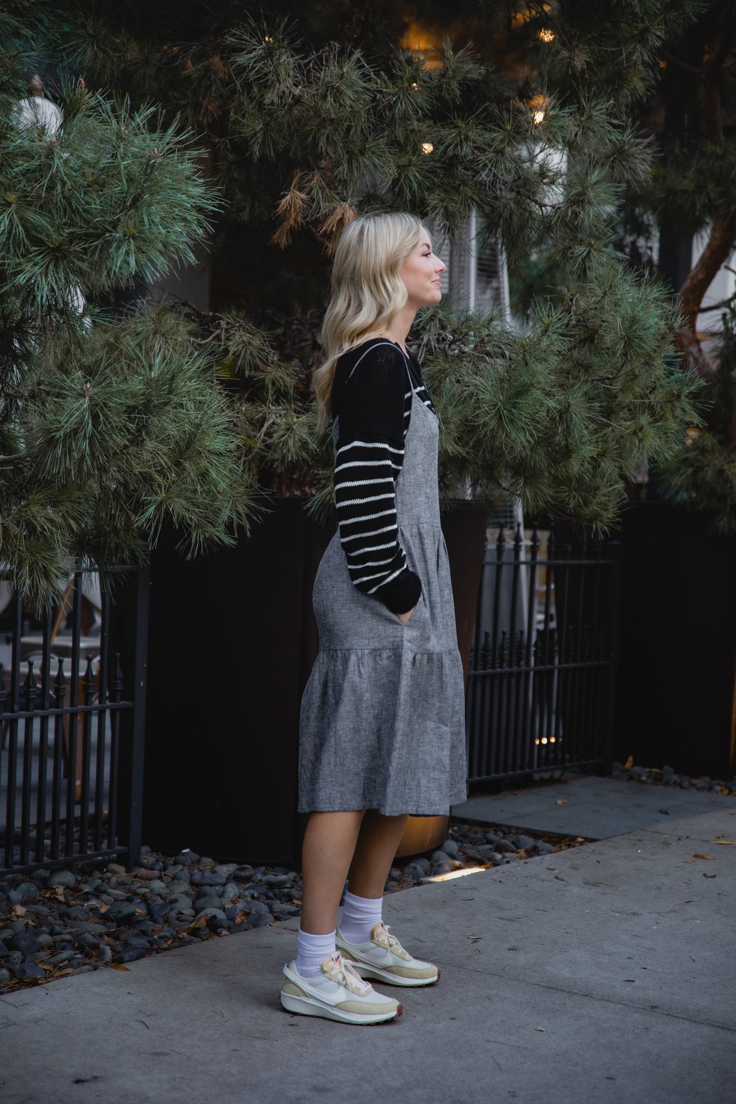 Lena Tiered Linen Dress in Chambray Denim Linen - XS, XL, and XXL Left