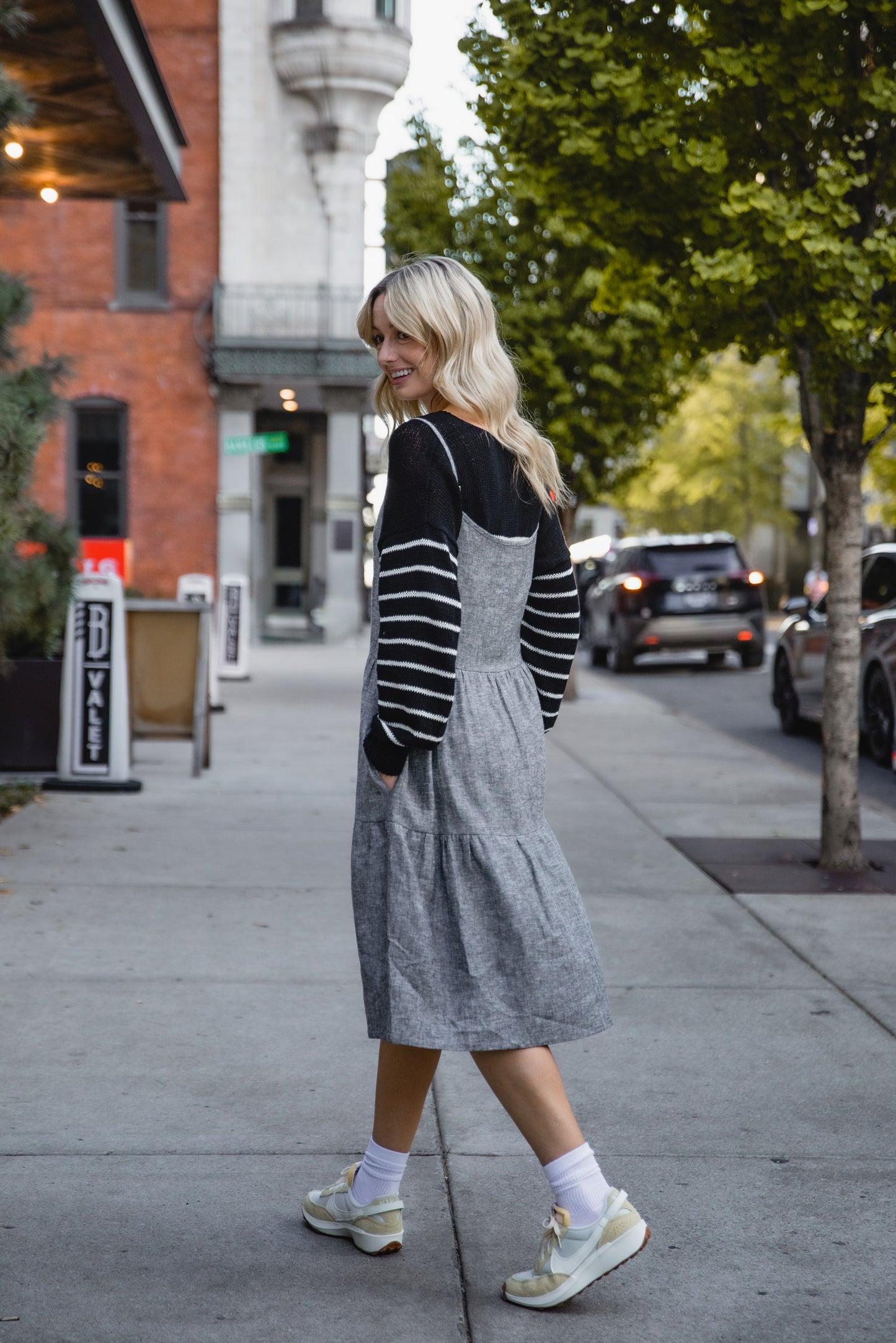 Lena Tiered Linen Dress in Chambray Denim Linen - XS, XL, and XXL Left