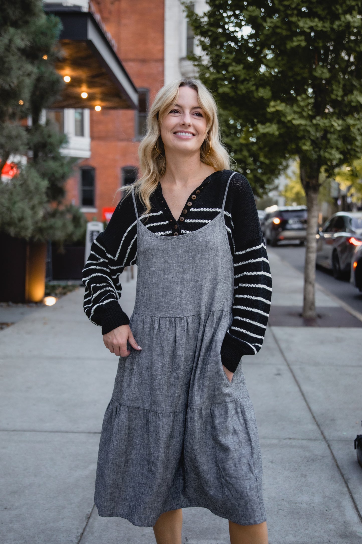 Lena Tiered Linen Dress in Chambray Denim Linen - XS, XL, and XXL Left