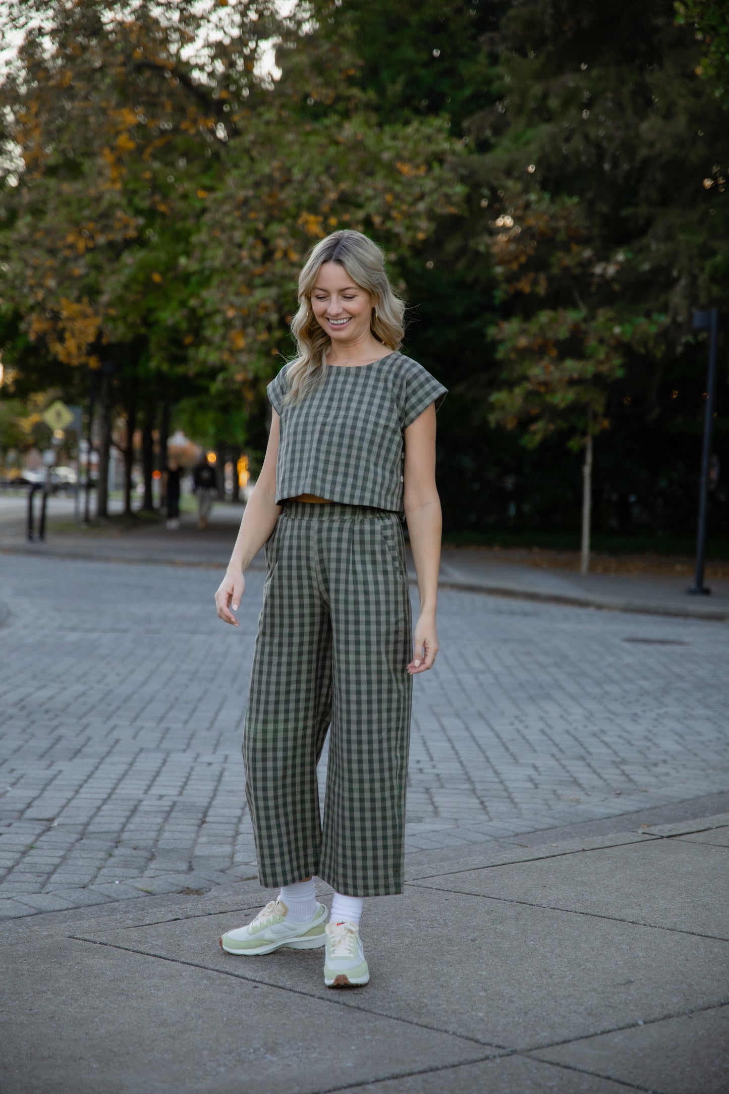 Katie Handwoven Cotton Set in Green Gingham - XXL Pants, M Shirt Left
