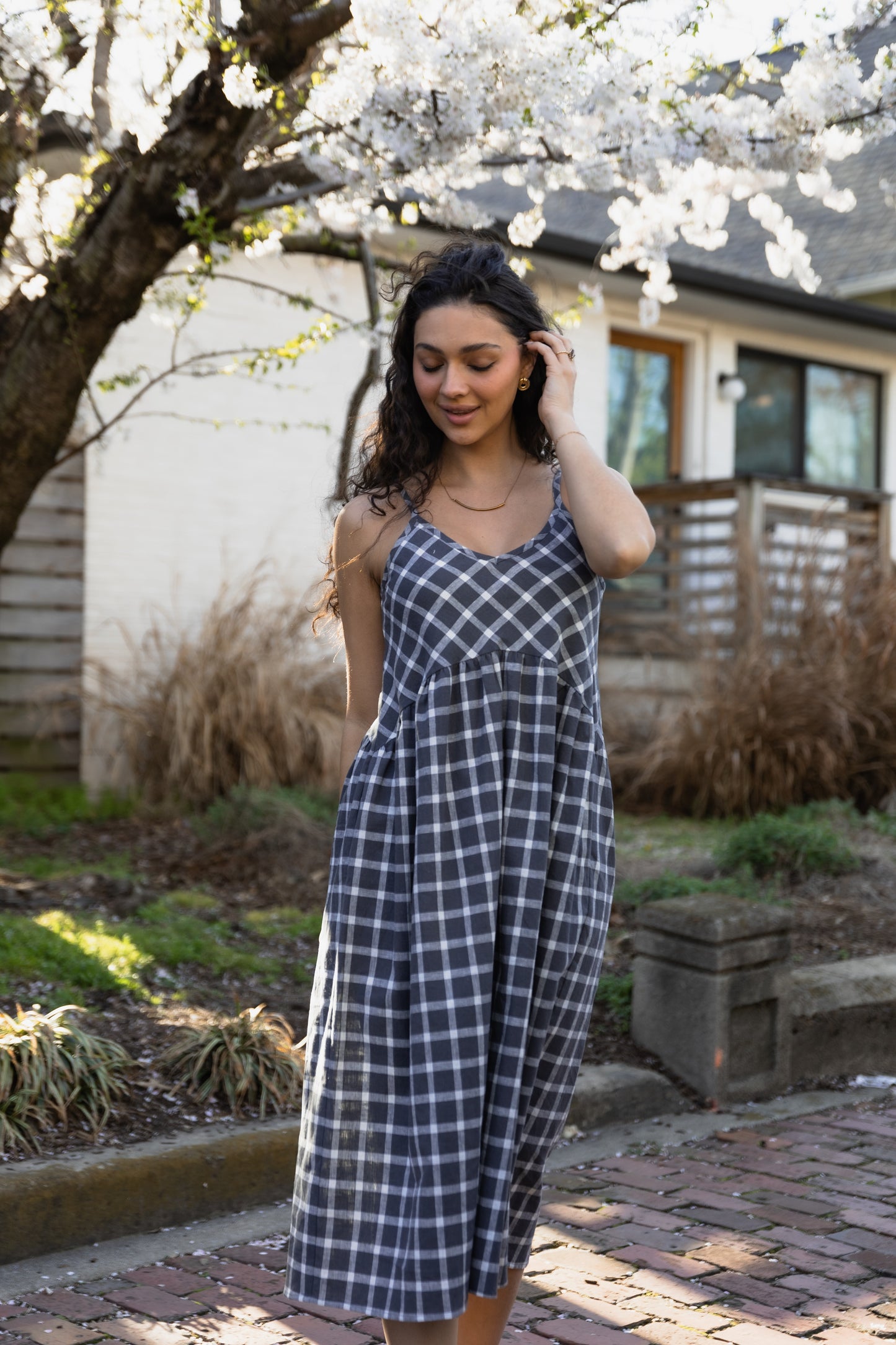 Linen Faro Dress in Grey and White Plaid Made to Order
