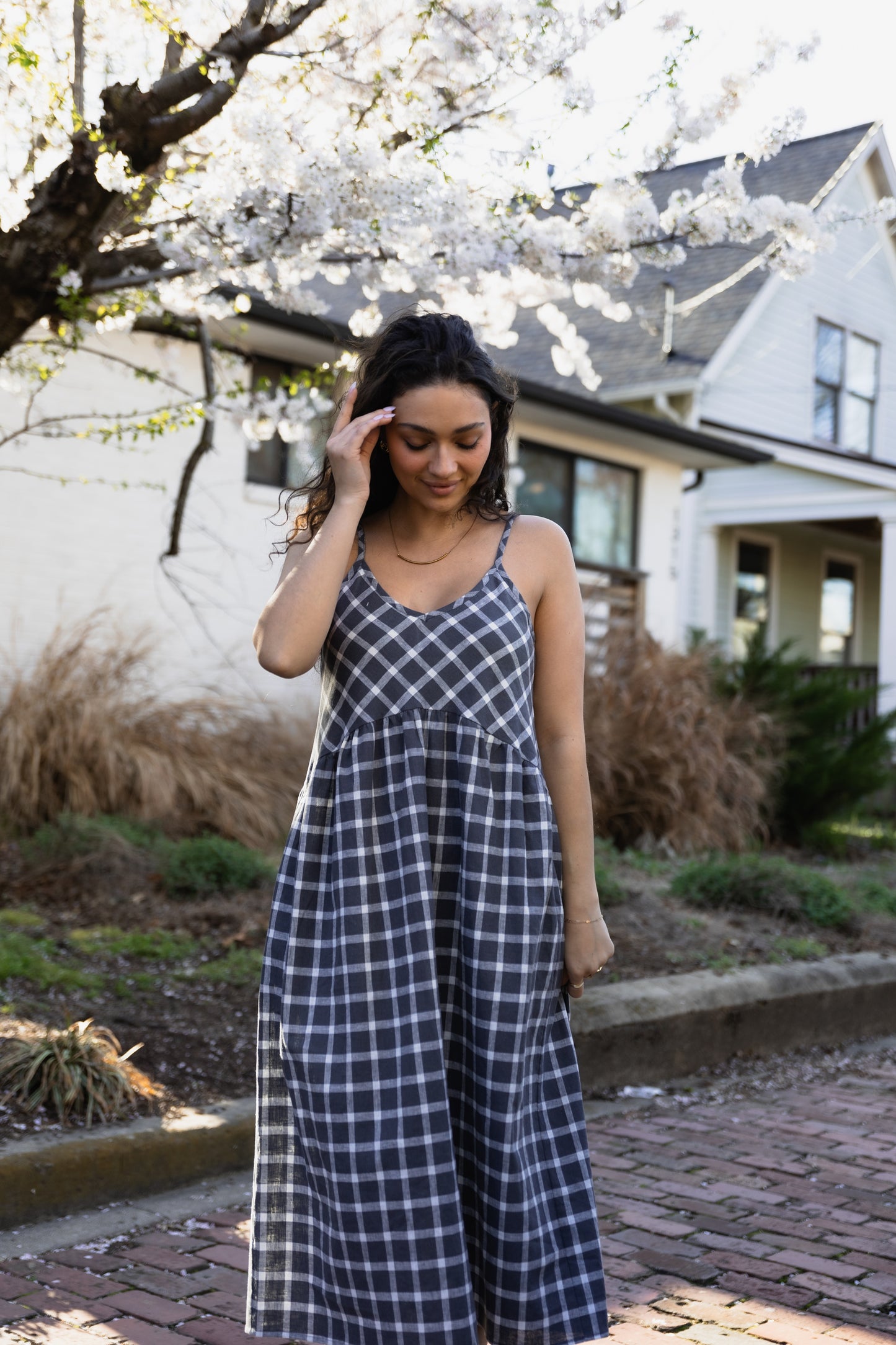 Linen Faro Dress in Grey and White Plaid Made to Order