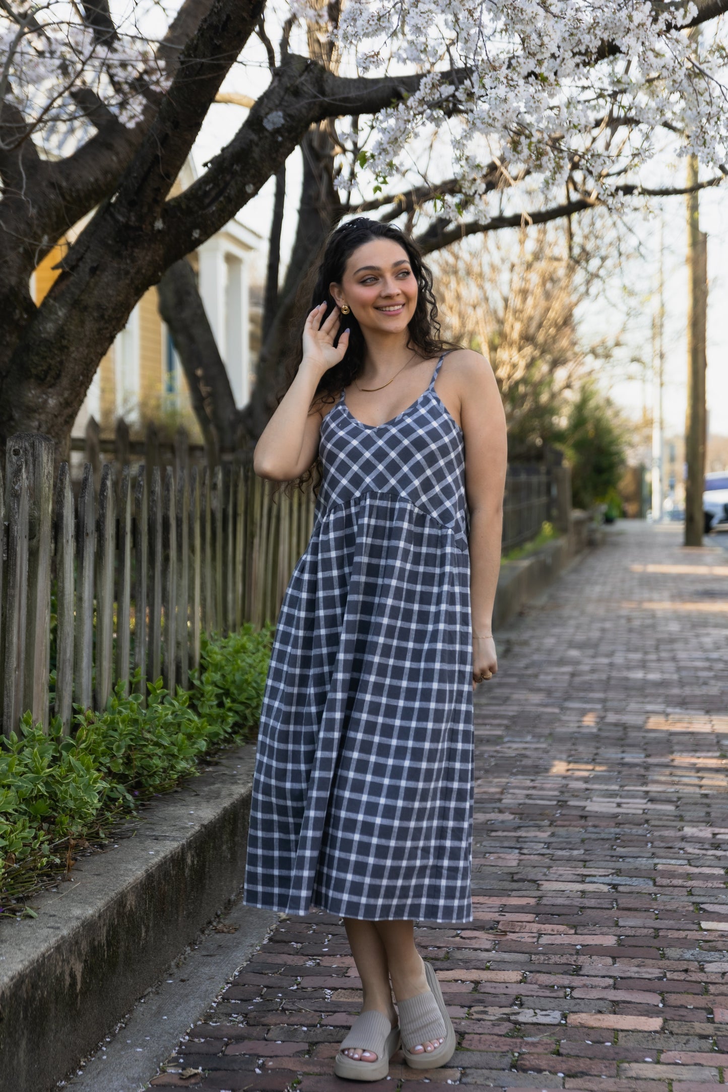 Linen Faro Dress in Grey and White Plaid Made to Order