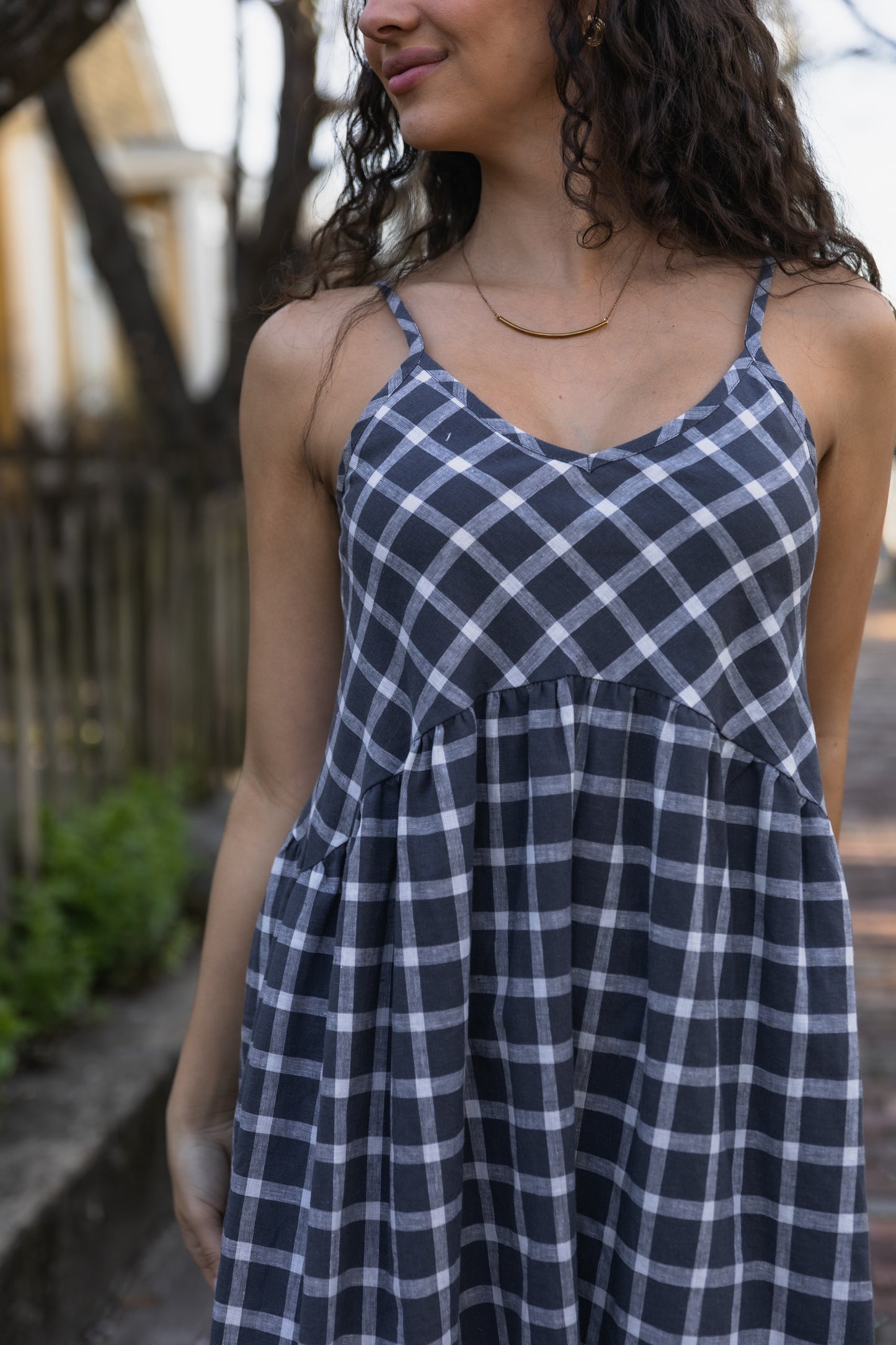 Linen Faro Dress in Grey and White Plaid Made to Order