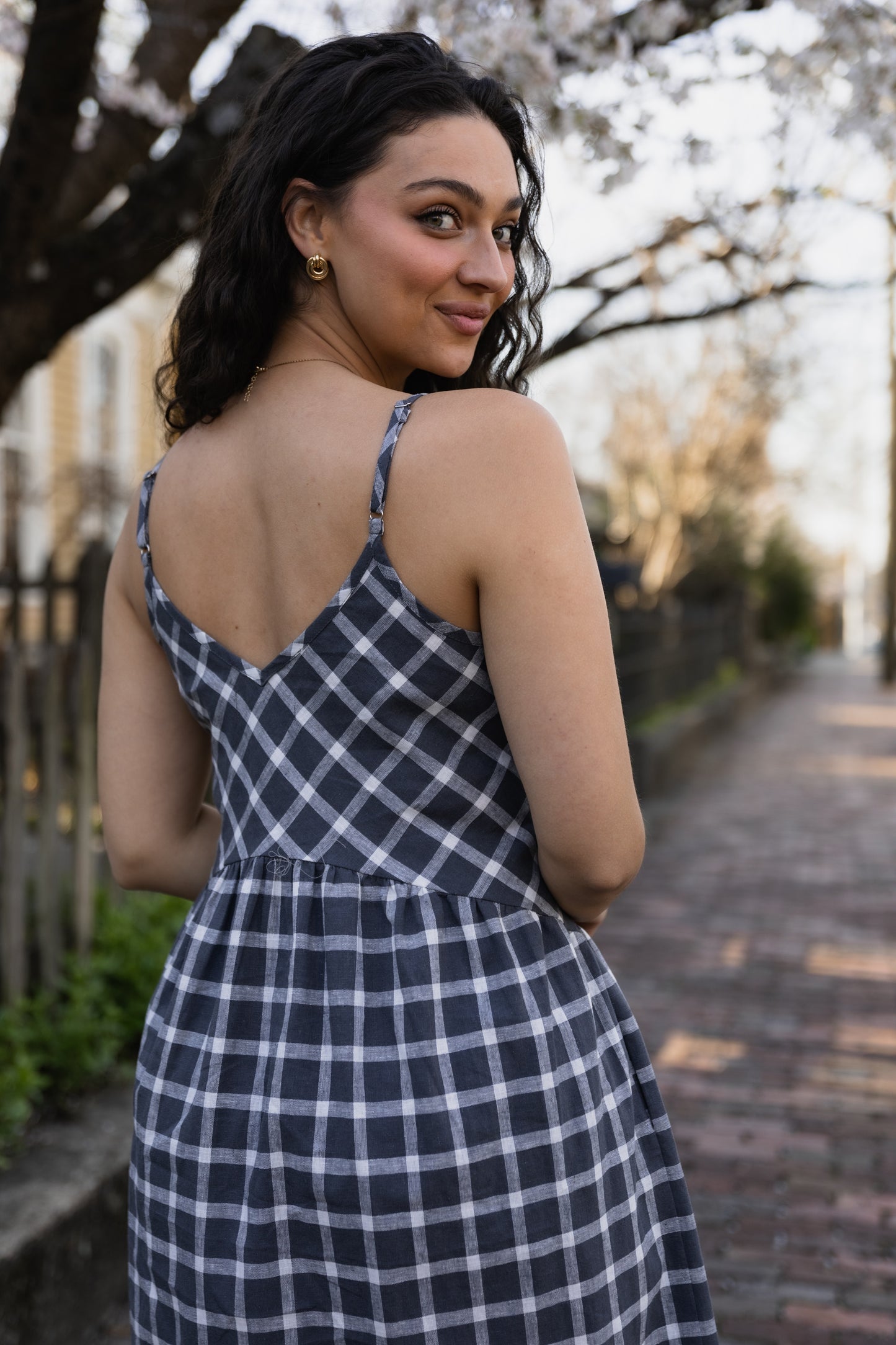 Linen Faro Dress in Grey and White Plaid Made to Order