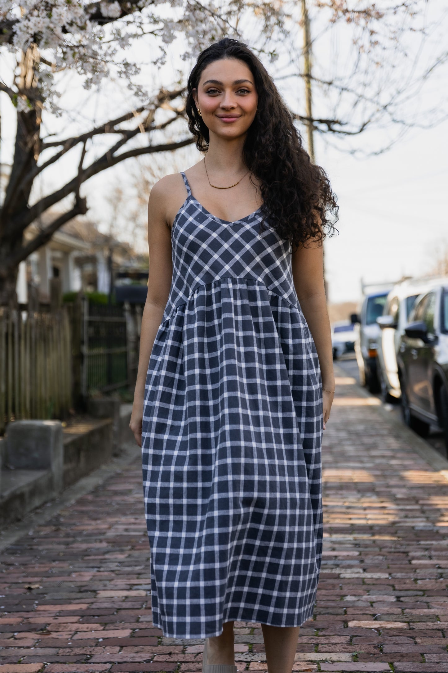 Linen Faro Dress in Grey and White Plaid Made to Order