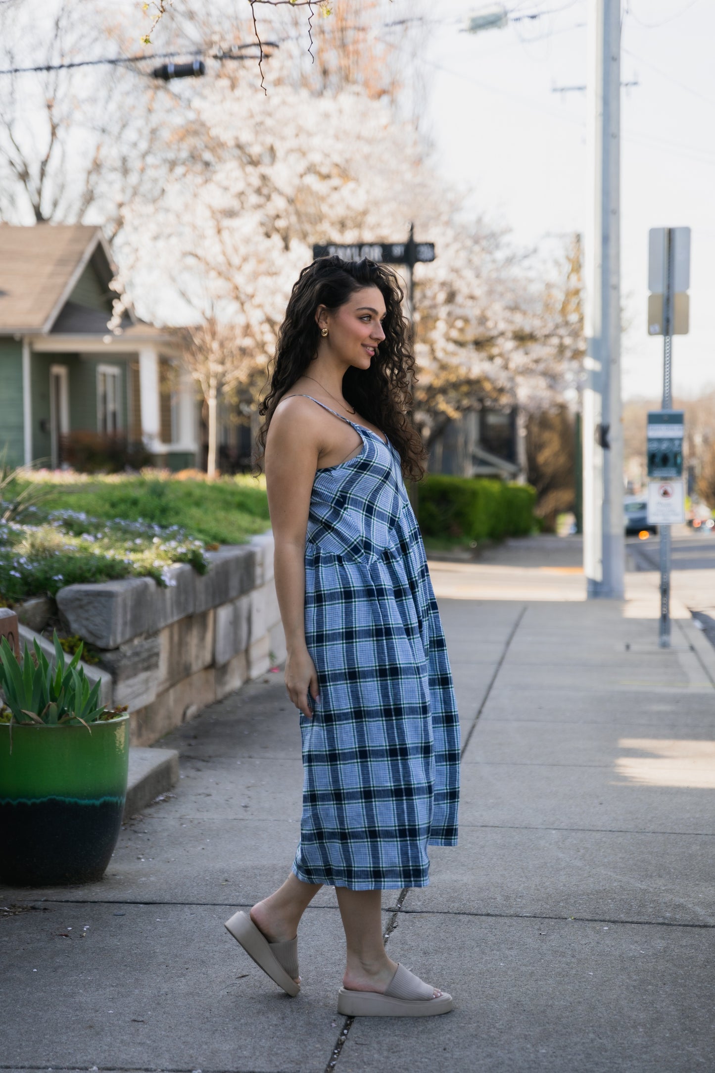 Linen Faro Dress in Blue Picnic Plaid