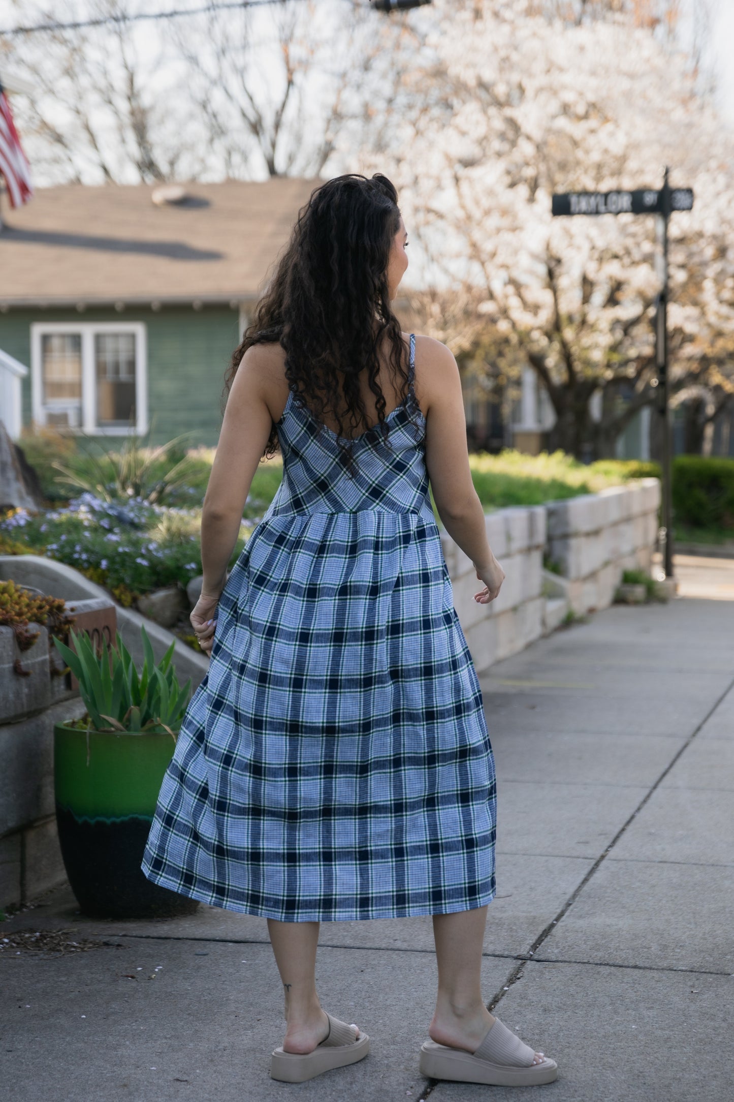 Linen Faro Dress in Blue Picnic Plaid