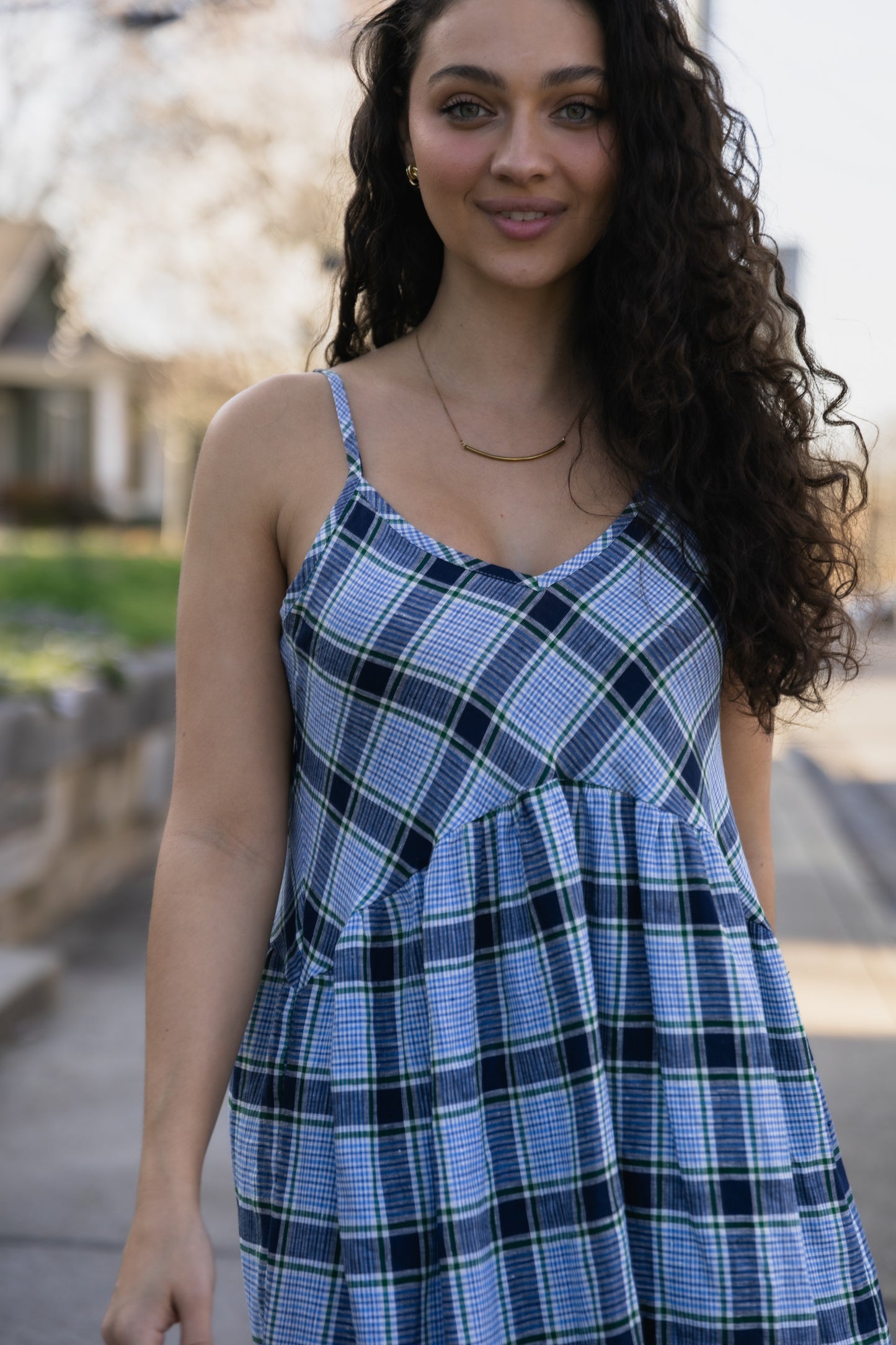Linen Faro Dress in Blue Picnic Plaid
