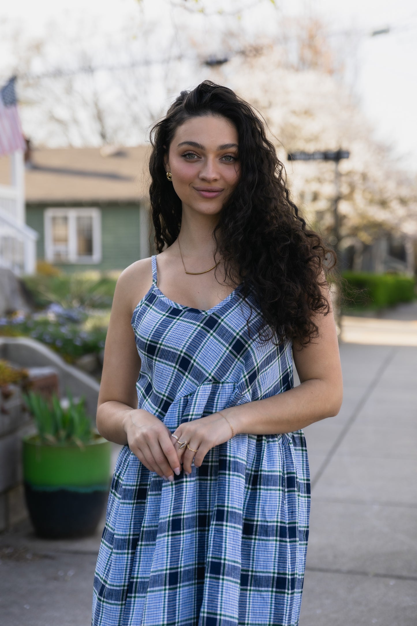 Linen Faro Dress in Blue Picnic Plaid
