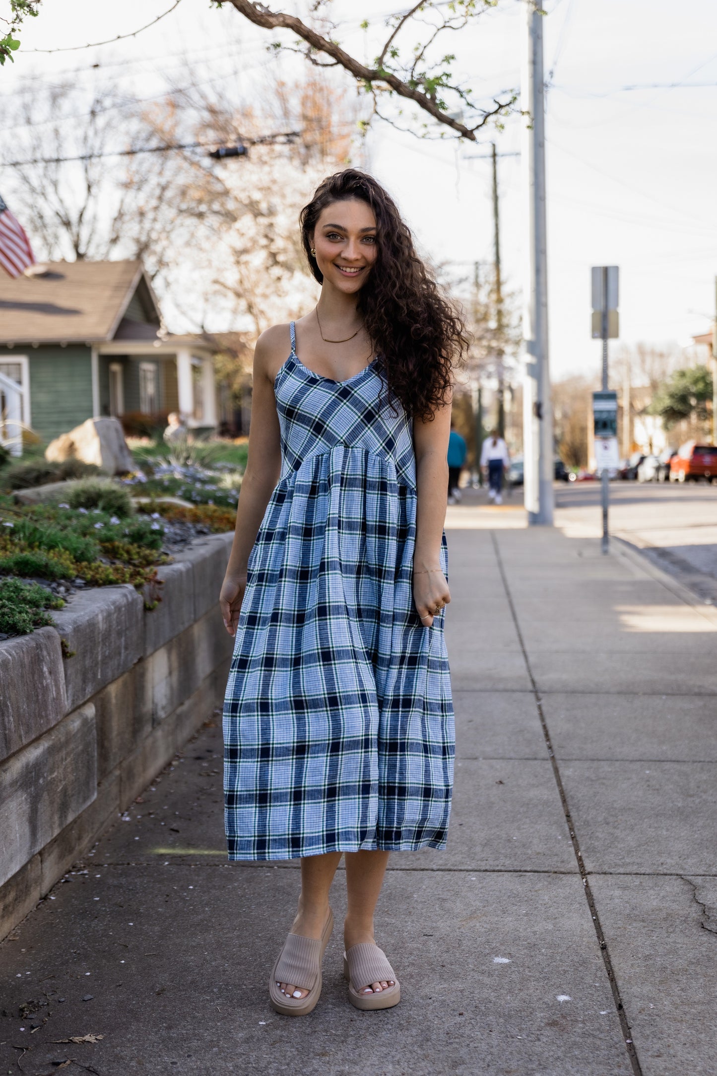 Linen Faro Dress in Blue Picnic Plaid