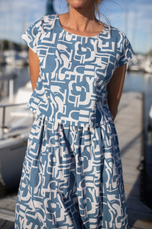 Claudia Skirt Set in Blue Geo Print Made to Order