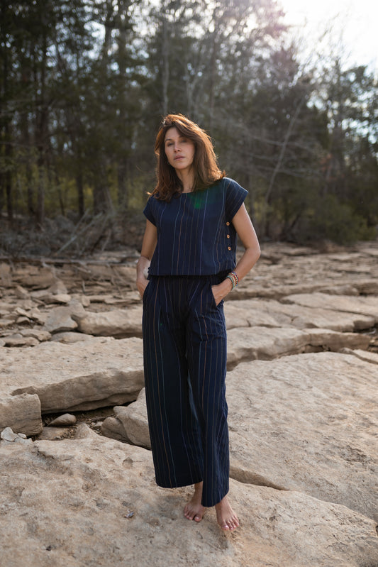 Katie Handwoven Cotton Set in Navy Pin Stripe Made to Order