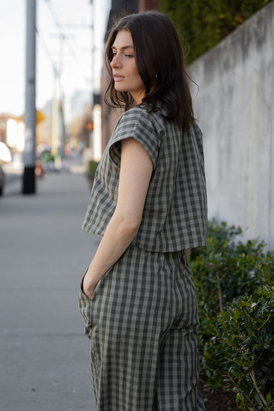 Katie Handwoven Cotton Set in Green Gingham - XS Left