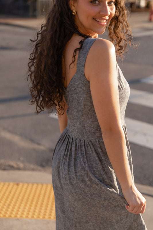 Mia Linen Dress in Grey/Blue Chambray Made to Order