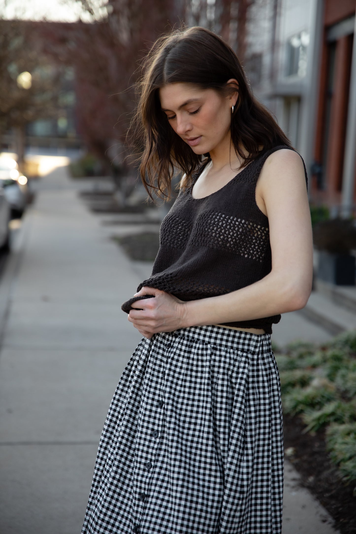 Lindy Hand Knit Cotton Lace Tank in Mauve Brown