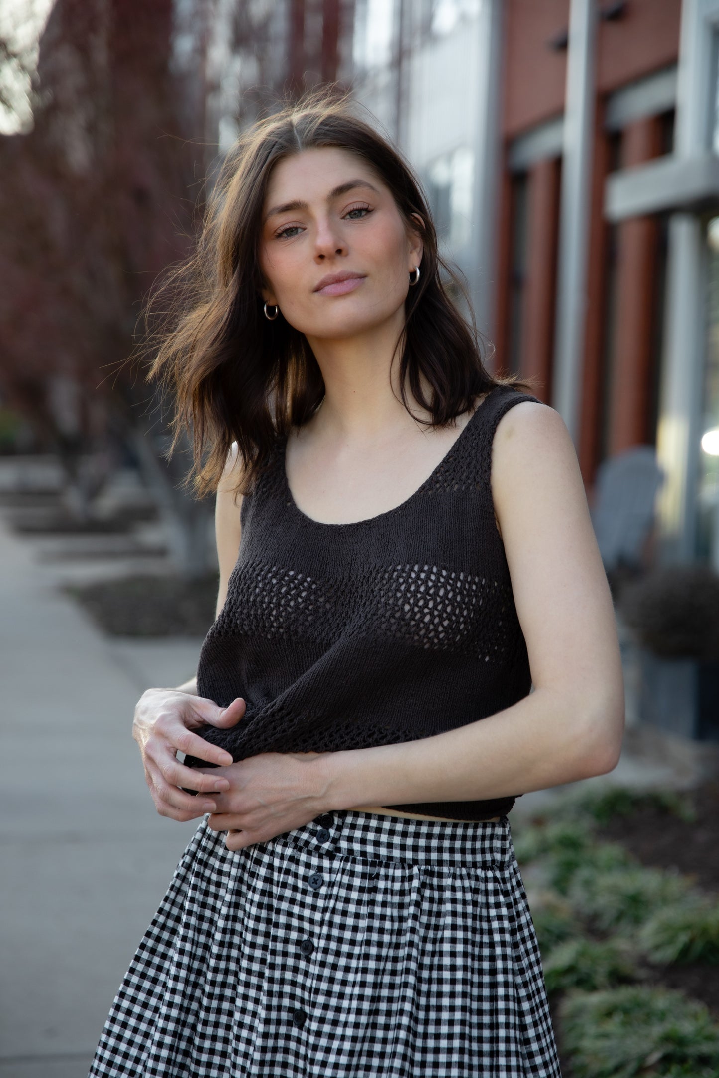 Lindy Hand Knit Cotton Lace Tank in Mauve Brown