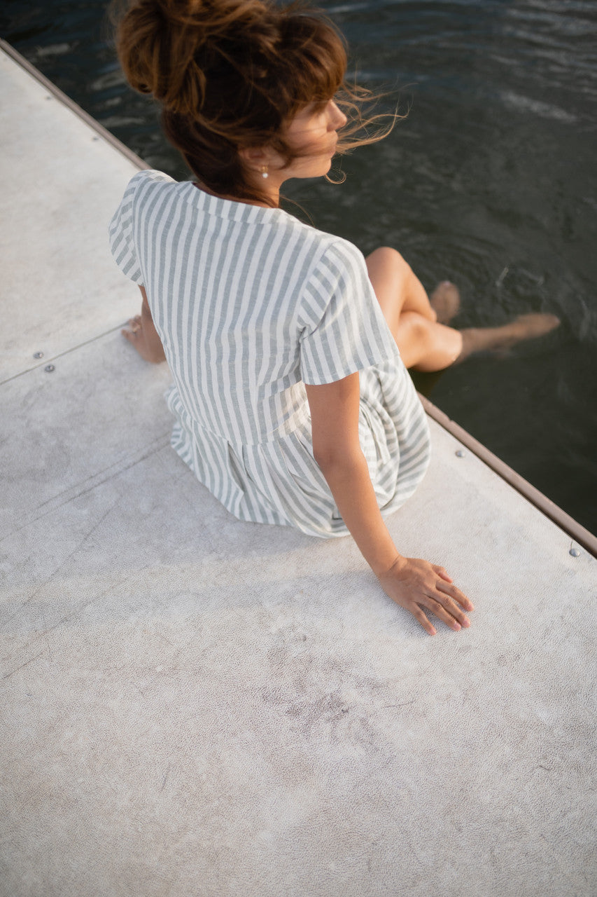 June Dress in Green and White Stripe Linen