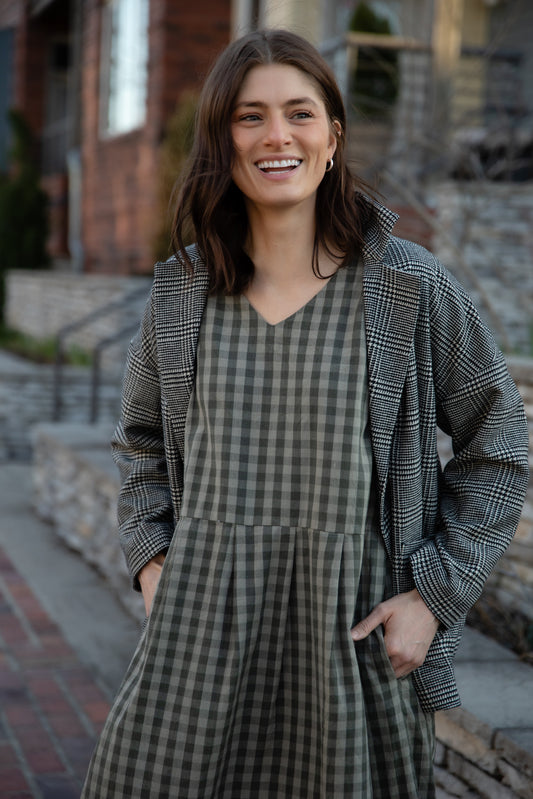 Eloise Handwoven Cotton Dress in Green Gingham