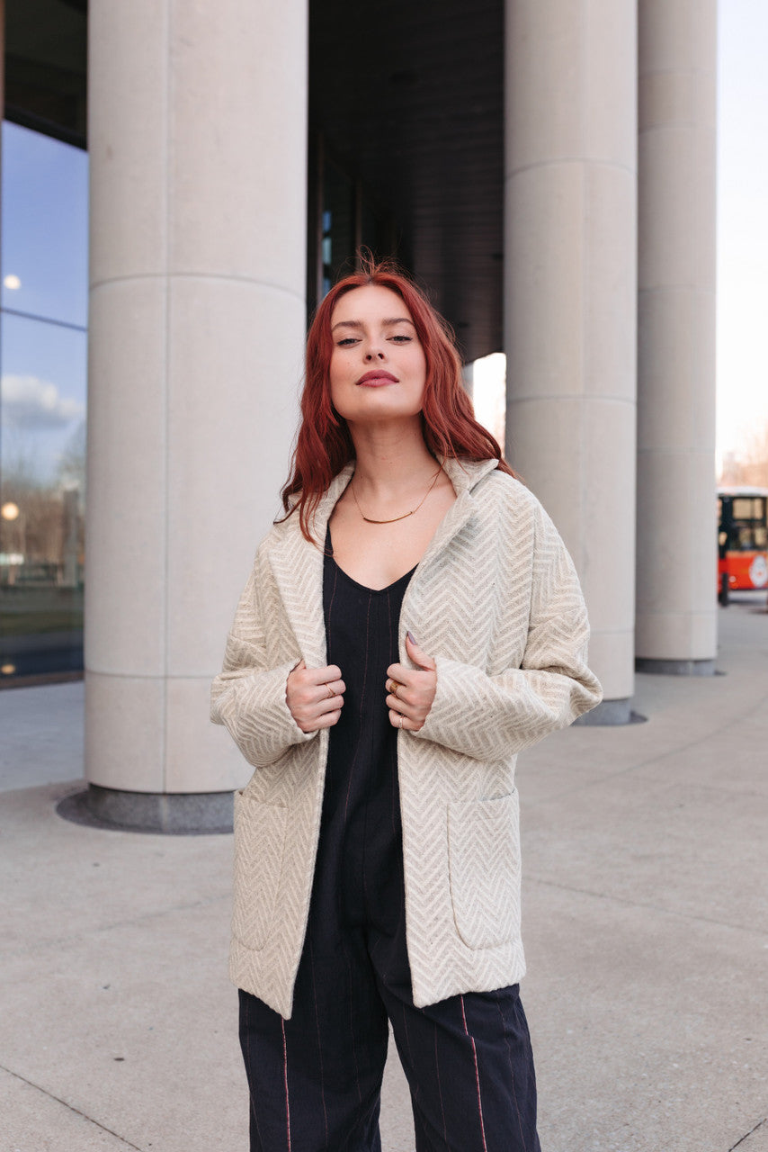 Portuguese Wool Pieper Coat in Cream Herringbone Made to Order