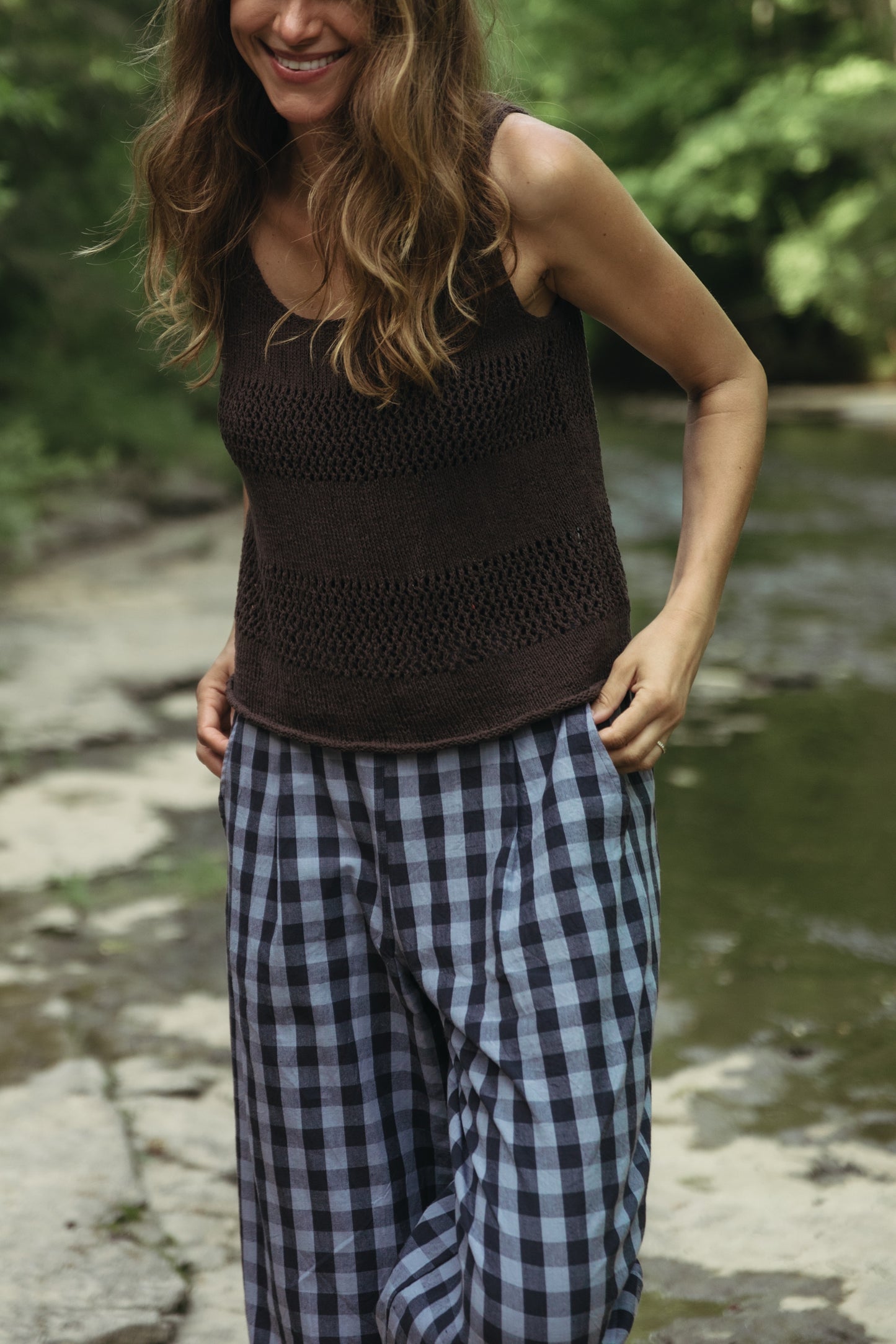 Katie Handwoven Cotton Pants in Navy Gingham Made to Order