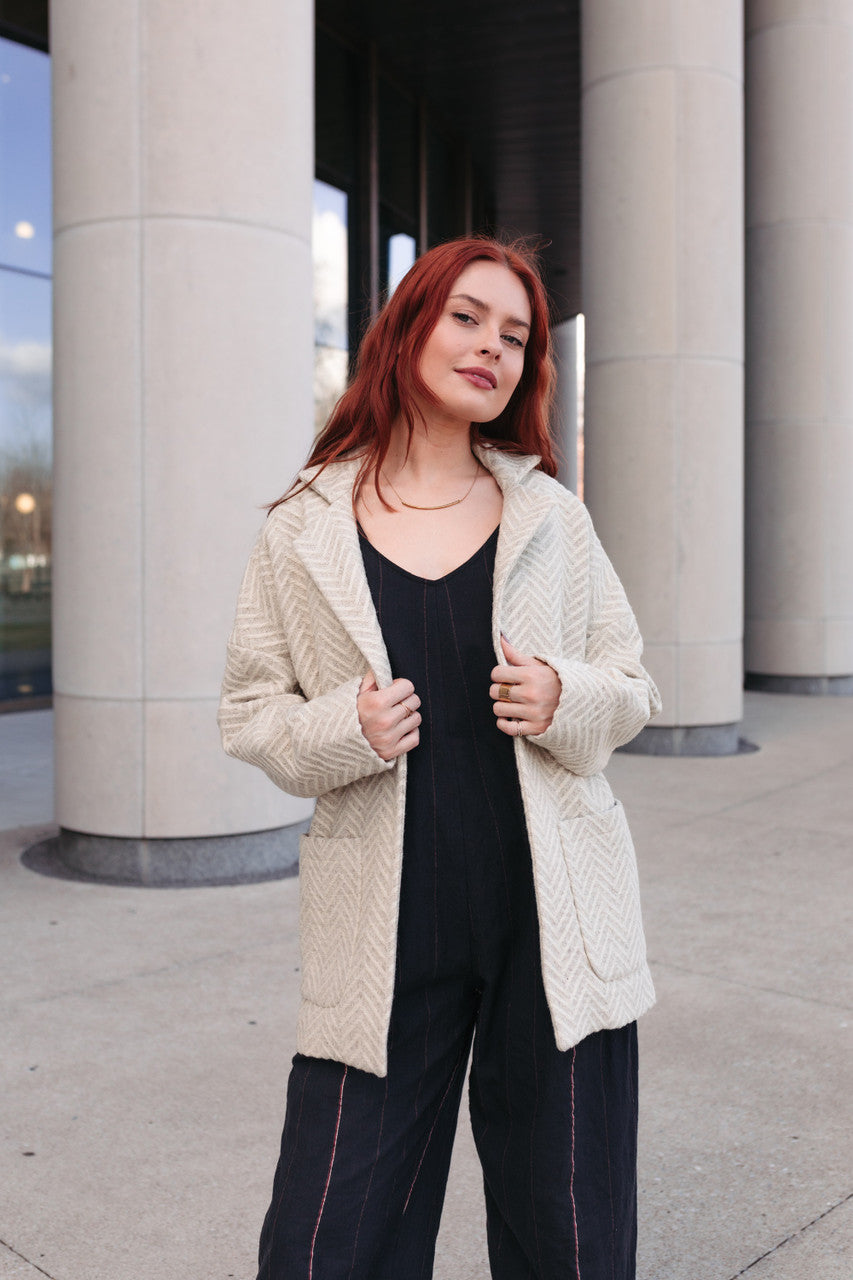 Portuguese Wool Pieper Coat in Cream Herringbone Made to Order