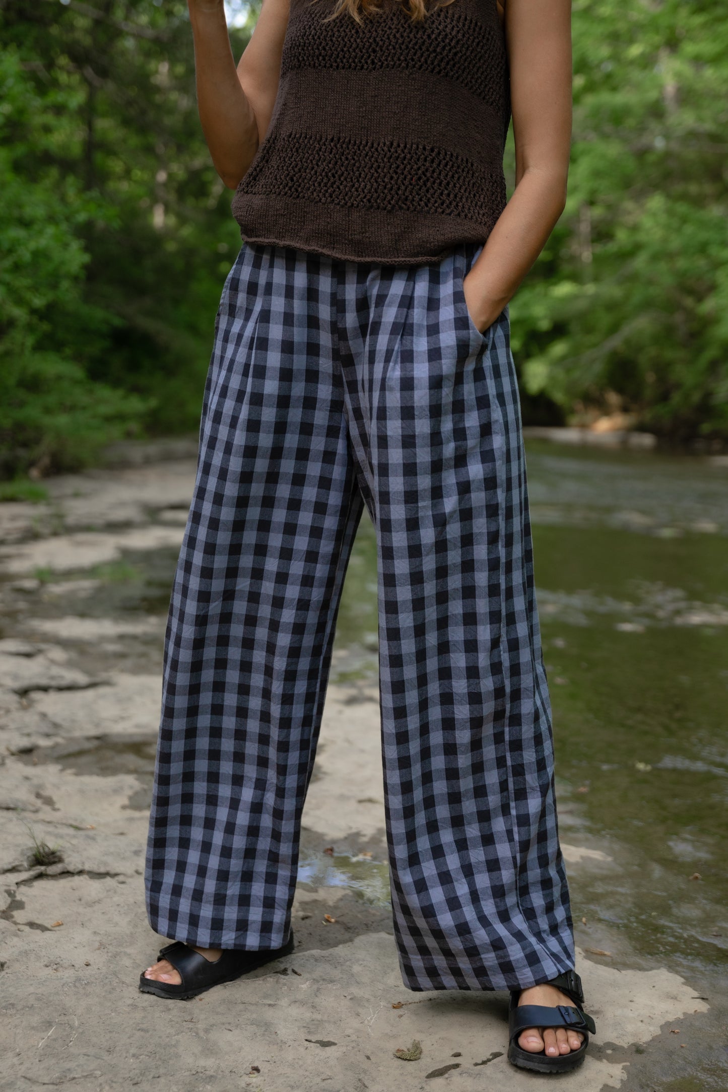 Katie Handwoven Cotton Pants in Navy Gingham Made to Order