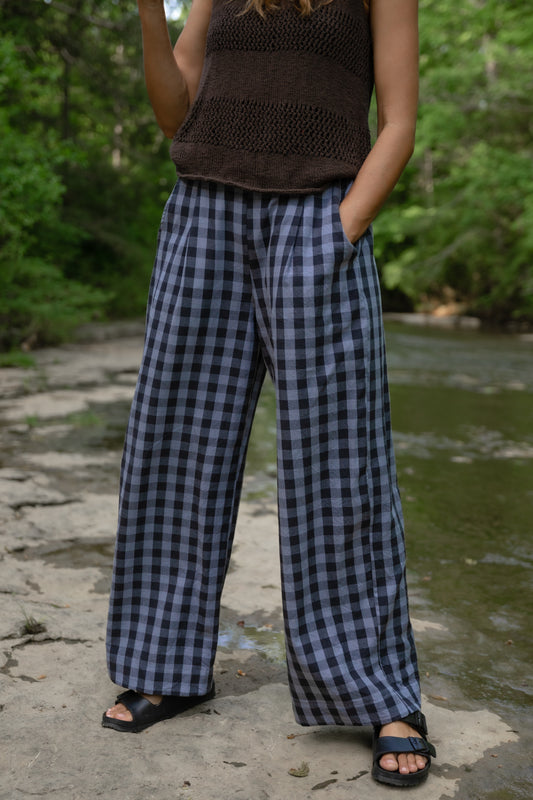 Katie Handwoven Cotton Shirt and Pants in Navy Gingham - Shirts Left