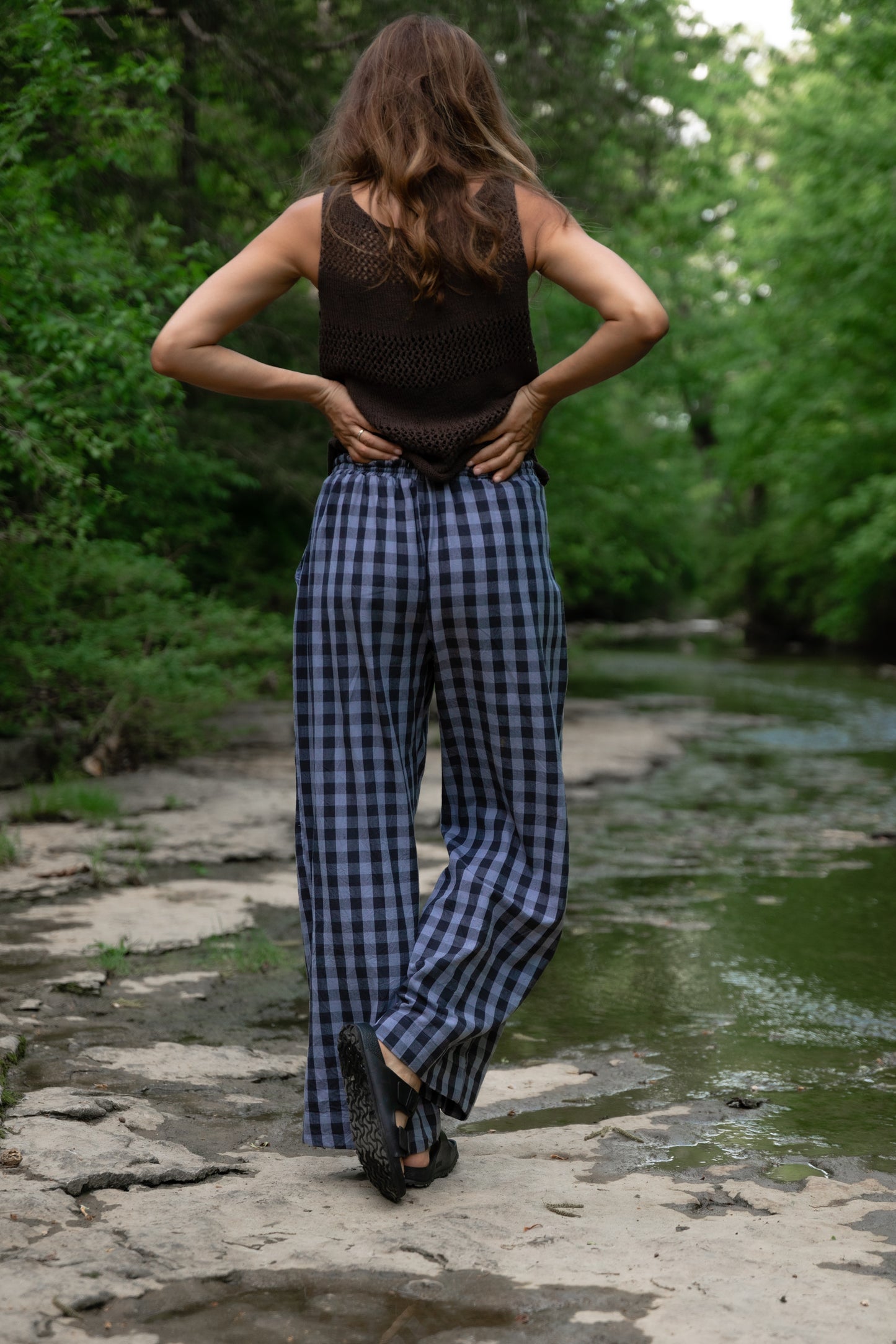 Katie Handwoven Cotton Pants in Navy Gingham Made to Order
