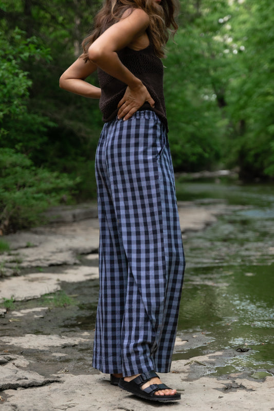 Katie Handwoven Cotton Pants in Navy Gingham