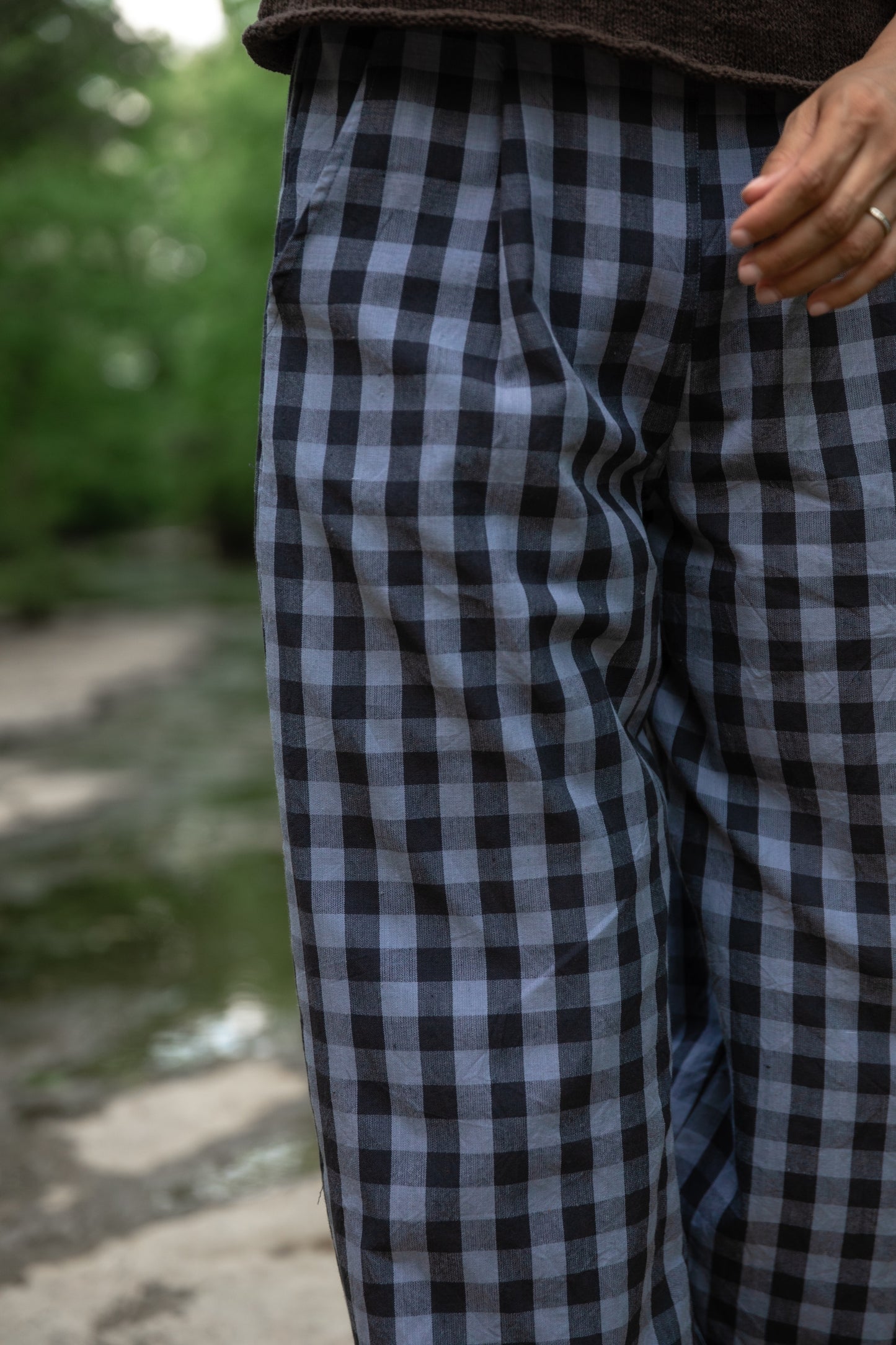 Katie Handwoven Cotton Pants in Navy Gingham Made to Order