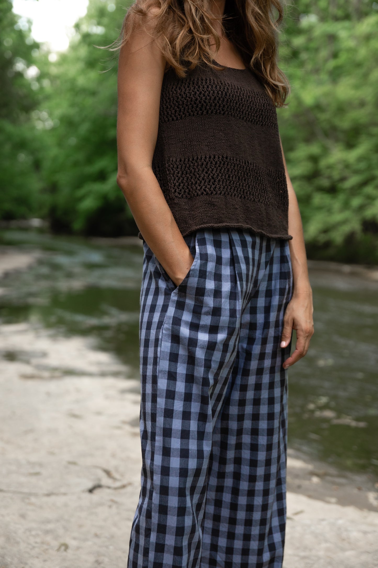 Katie Handwoven Cotton Pants in Navy Gingham Made to Order