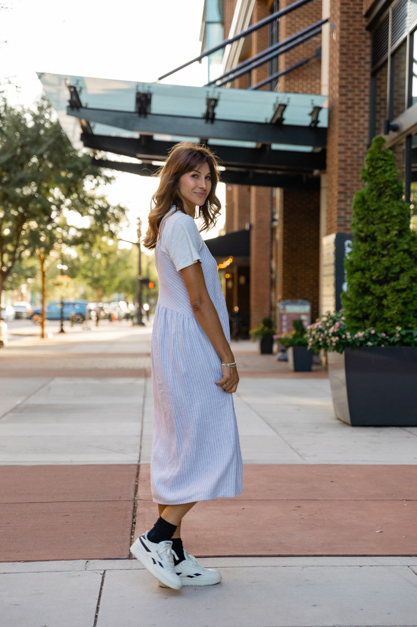 Faro Dress in Recycled Beige and White Linen Made to Order