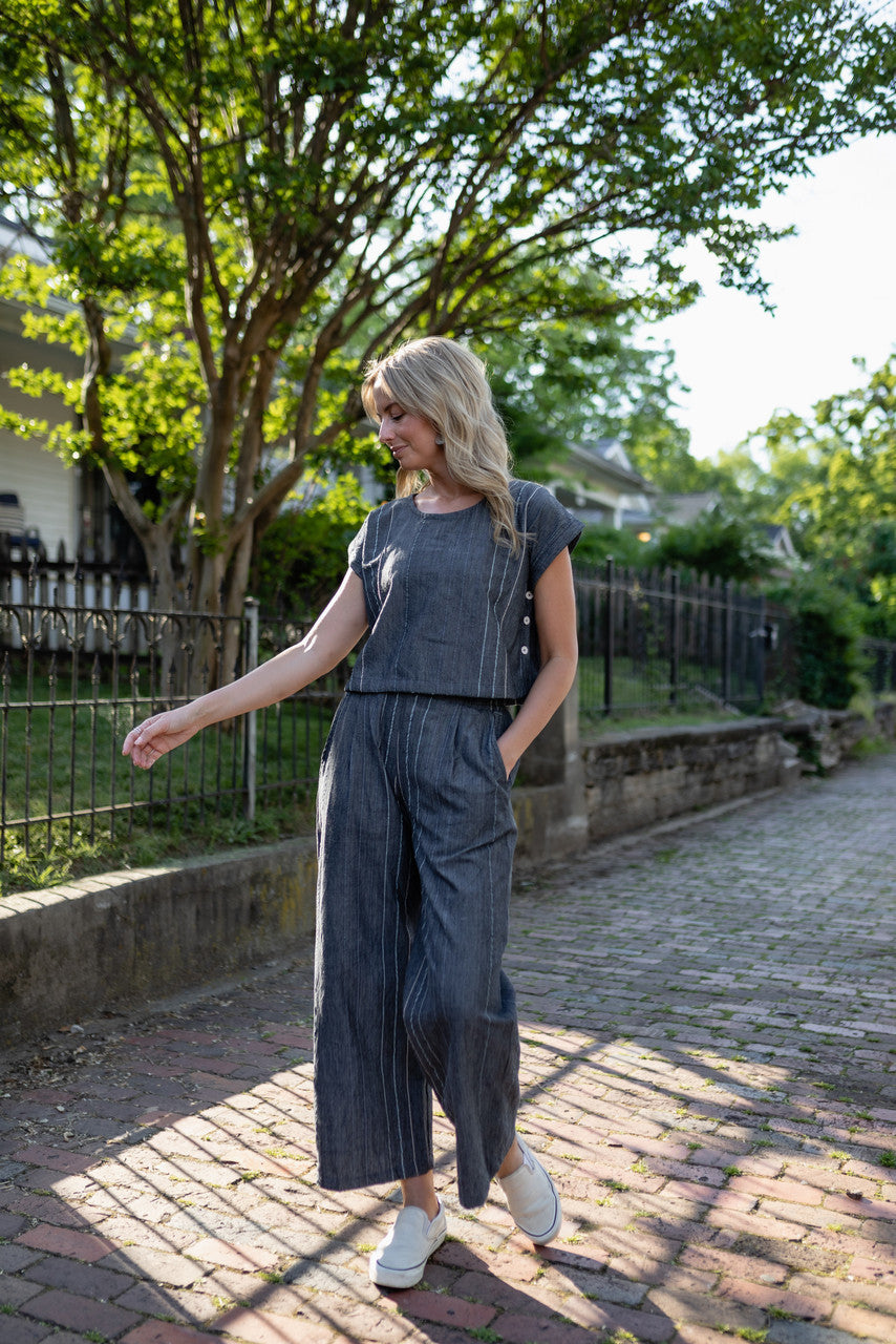 Handwoven Cotton Crop Pants in Midnight Chambray