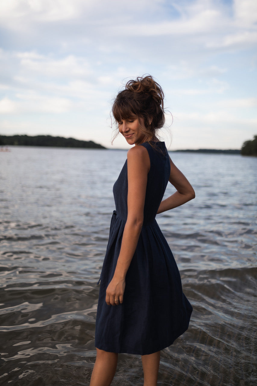 June Dress Sleeveless in Navy Linen - M, L and XL Left