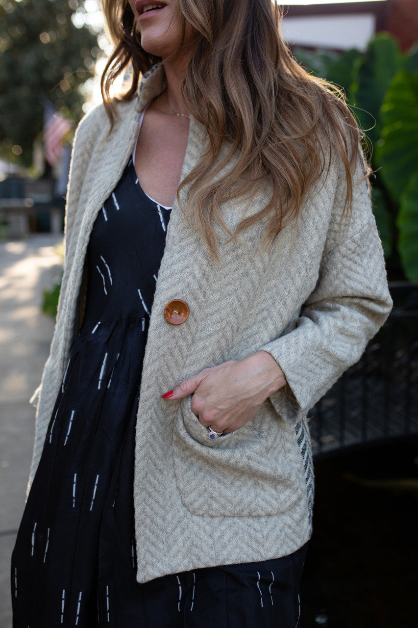 Portuguese Wool Pieper Coat in Neutral Mix-Match Herringbone Made to Order